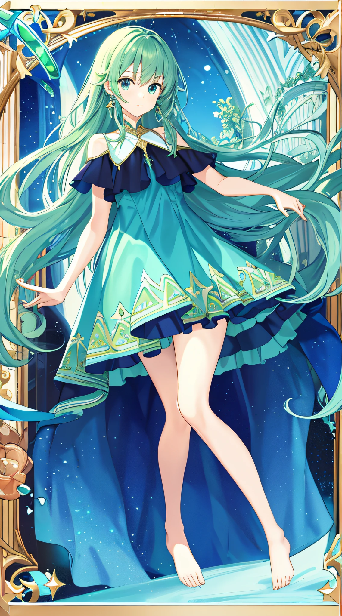 Best Picture Quality + tmasterpiece + legs long + Gorgeous princess dress + blue backdrop + Green eyes + short skirt + largeeyes + Long flowing hair + Barefoot