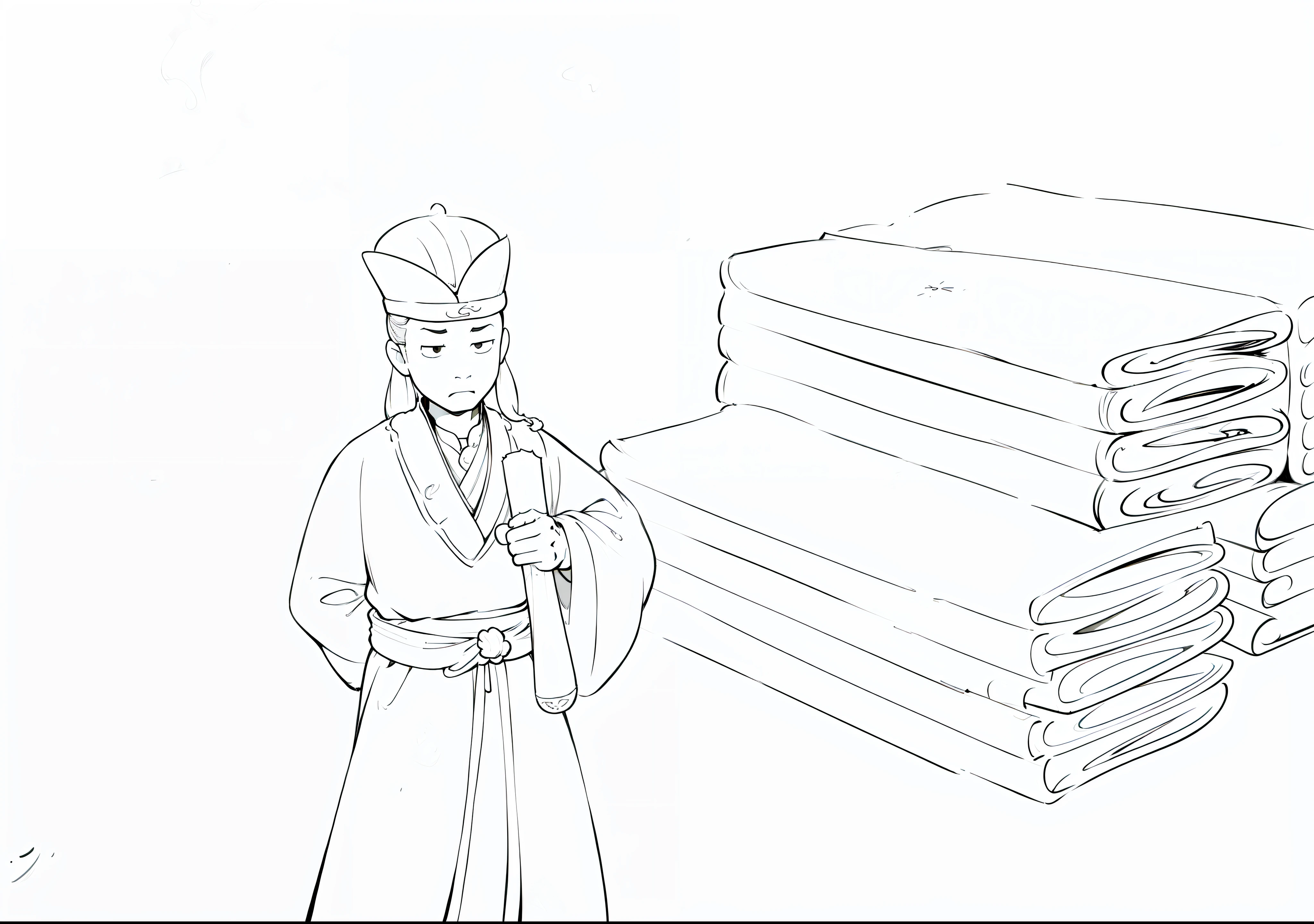 a drawing,A man stands next to a stack of papers,A hat is worn on his head, Storybook illustration, Song Huizong, superflat, storybook illustrations,Black lines,monochrome, (Black and white manuscript:1.4), White background,(Simple background:1.2)