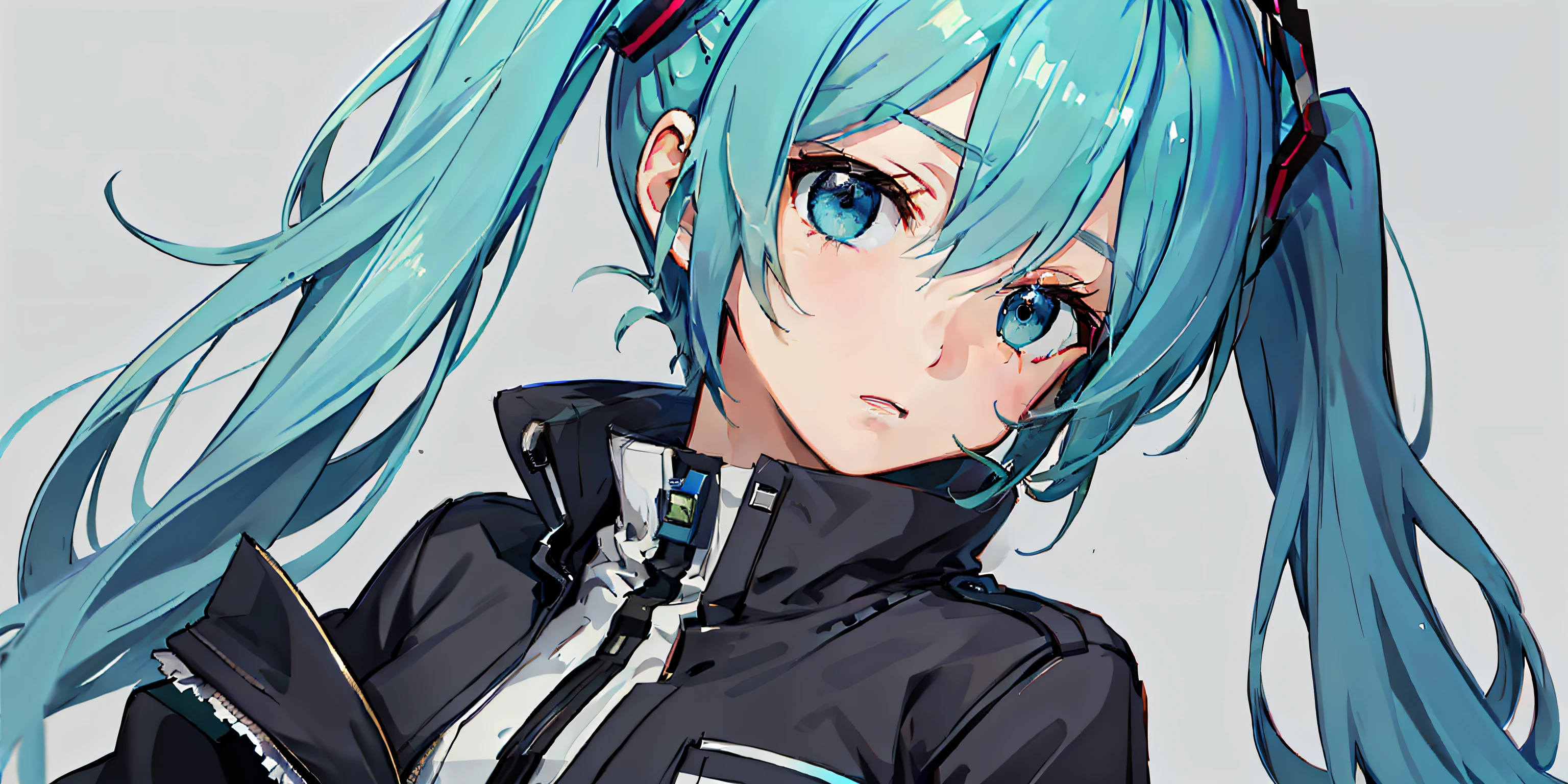 Cotton jacket、miku hatsune、Bai、is standing、top-quality(1.3)、​masterpiece(1.2)、character sheets,Turned,Dark look