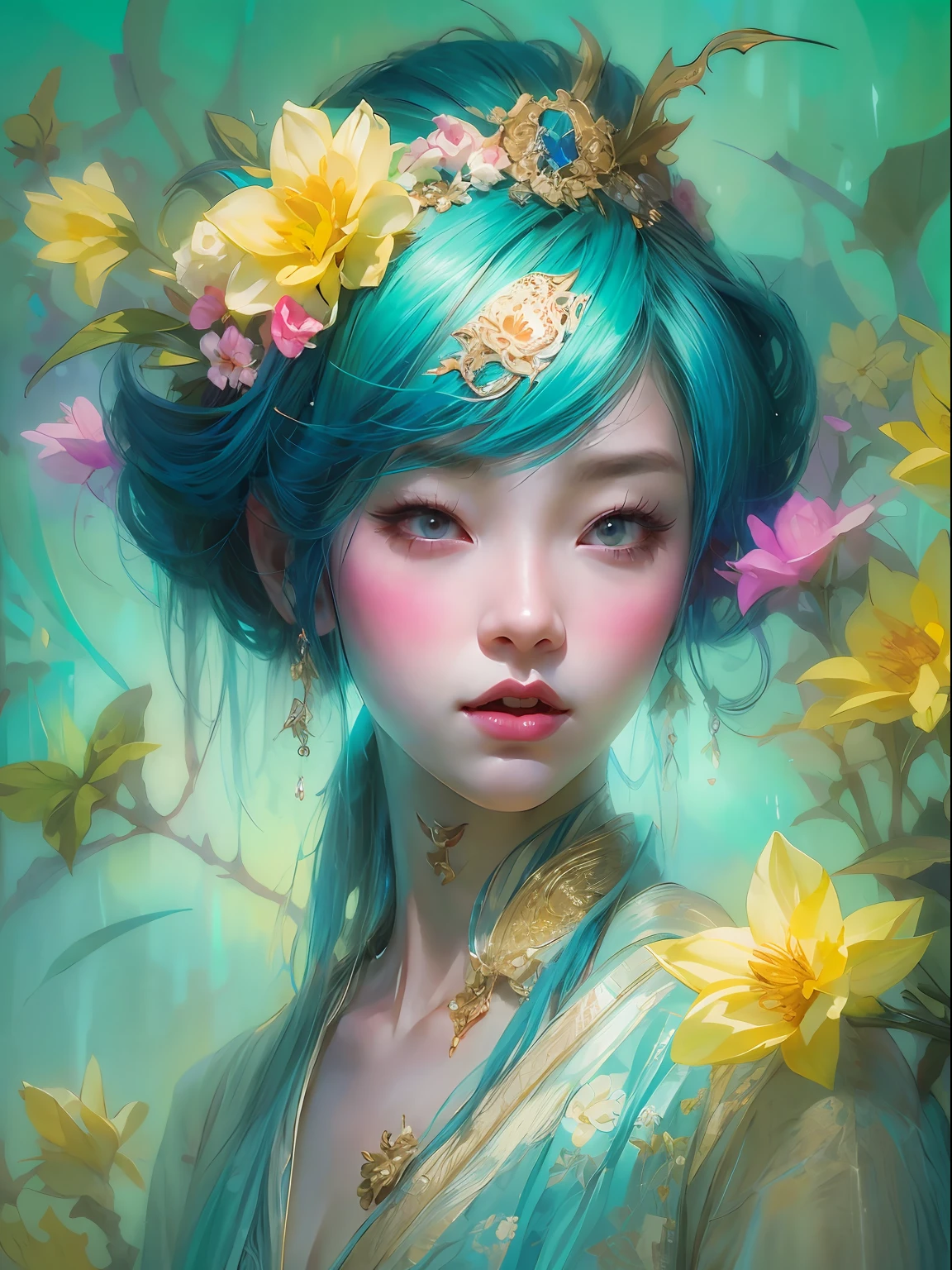 HighestQuali，tmasterpiece：1.2，Detailed details，4K，A beautiful painting of ladies，Her blue hair is surrounded by flowers, inspired by Lin Liang, Trend of CGsociety, arte figurativa, tyrus wong, daffodil, amarelo、blue and cyan colors, author：tom bagshaw, Japanese woman, Song Dynasty