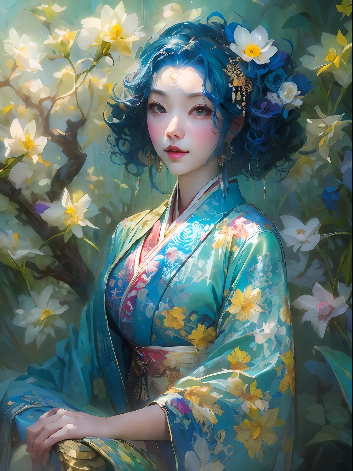 HighestQuali,tmasterpiece:1.2,Detailed details,4K,A beautiful painting of ladies,Her blue hair is surrounded by flowers, inspired by Lin Liang, Trend of CGsociety, arte figurativa, tyrus wong, daffodil, amarelo、blue and cyan colors, author:tom bagshaw, Japanese woman, Song Dynasty