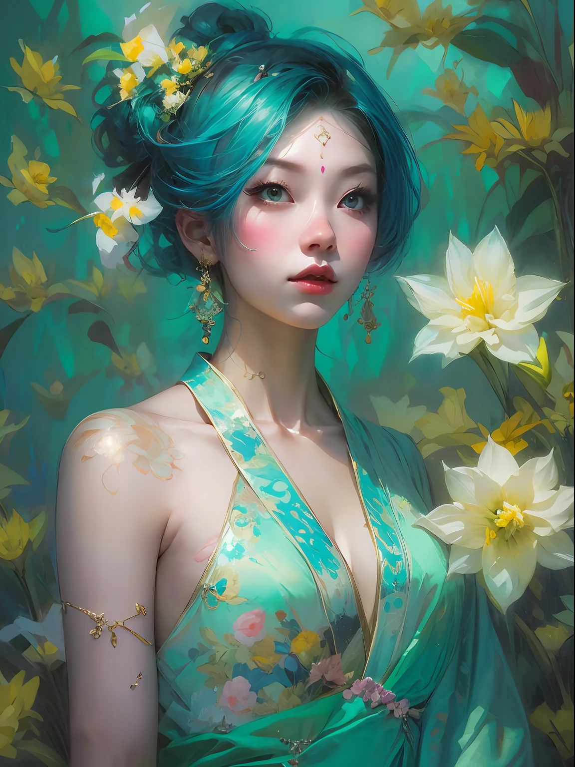 HighestQuali,tmasterpiece:1.2,Detailed details,4K,A beautiful painting of ladies,Her blue hair is surrounded by flowers, inspired by Lin Liang, Trend of CGsociety, arte figurativa, tyrus wong, daffodil, amarelo、blue and cyan colors, author:tom bagshaw, Japanese woman, Song Dynasty