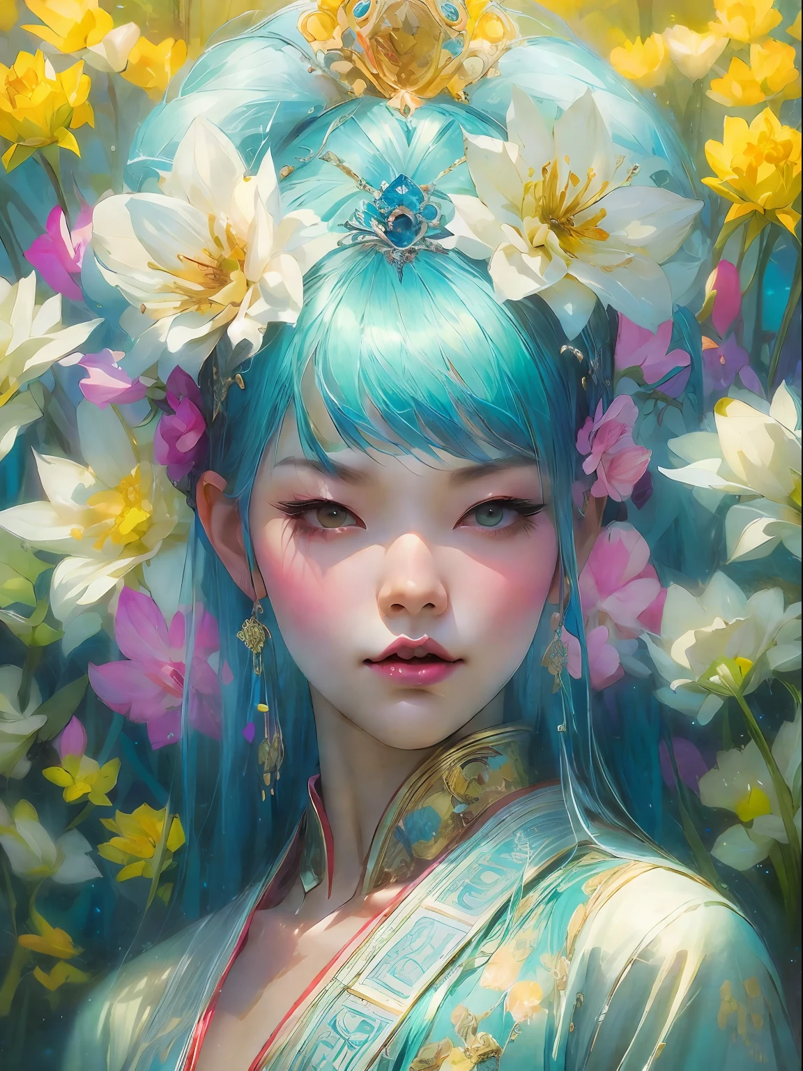 HighestQuali,tmasterpiece:1.2,Detailed details,4K,A beautiful painting of ladies,Her blue hair is surrounded by flowers, inspired by Lin Liang, Trend of CGsociety, arte figurativa, tyrus wong, daffodil, amarelo、blue and cyan colors, author:tom bagshaw, Japanese woman, Song Dynasty