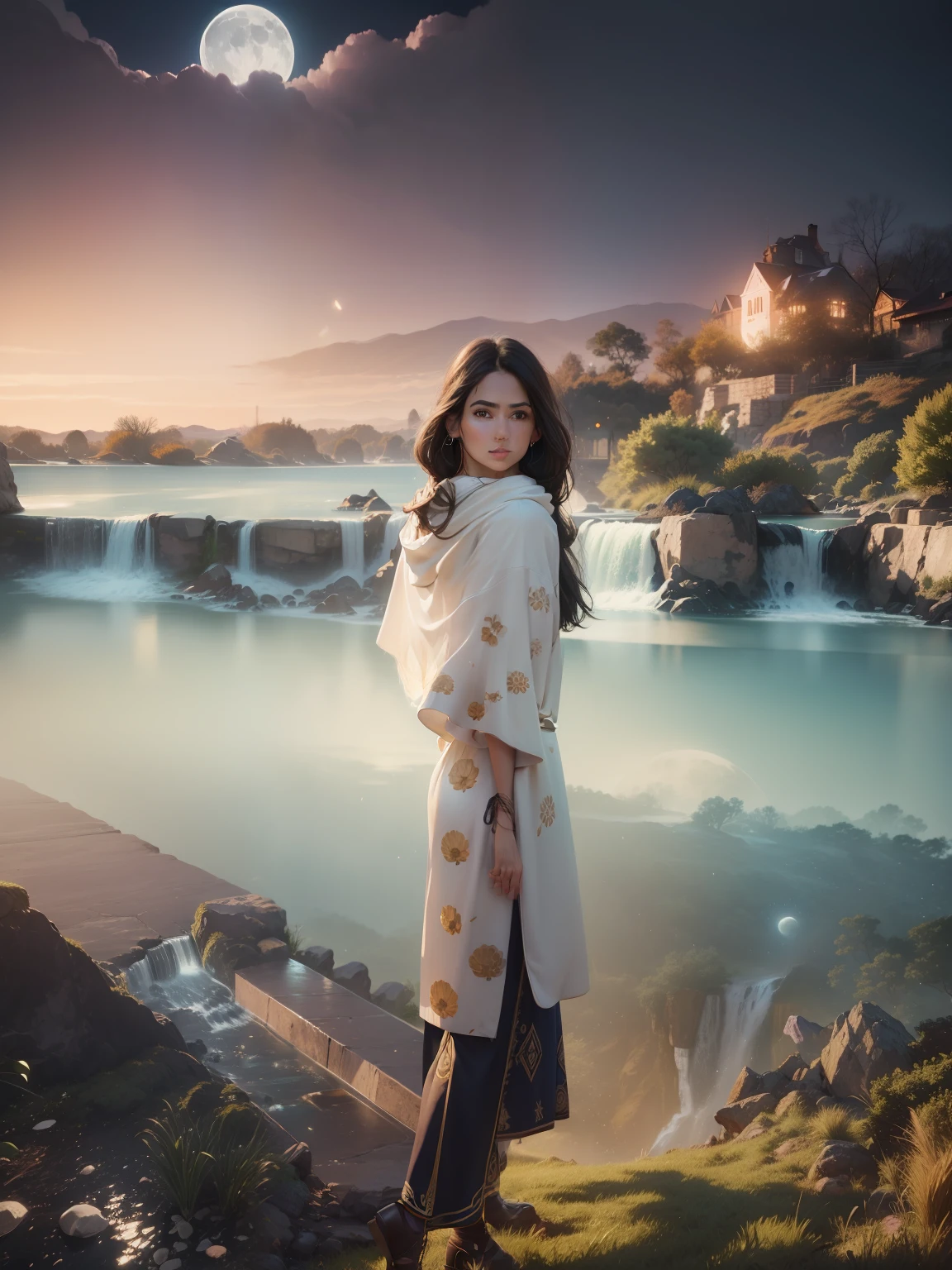 Change background with waterfall and moon , realistic face, 8k ultra HDR