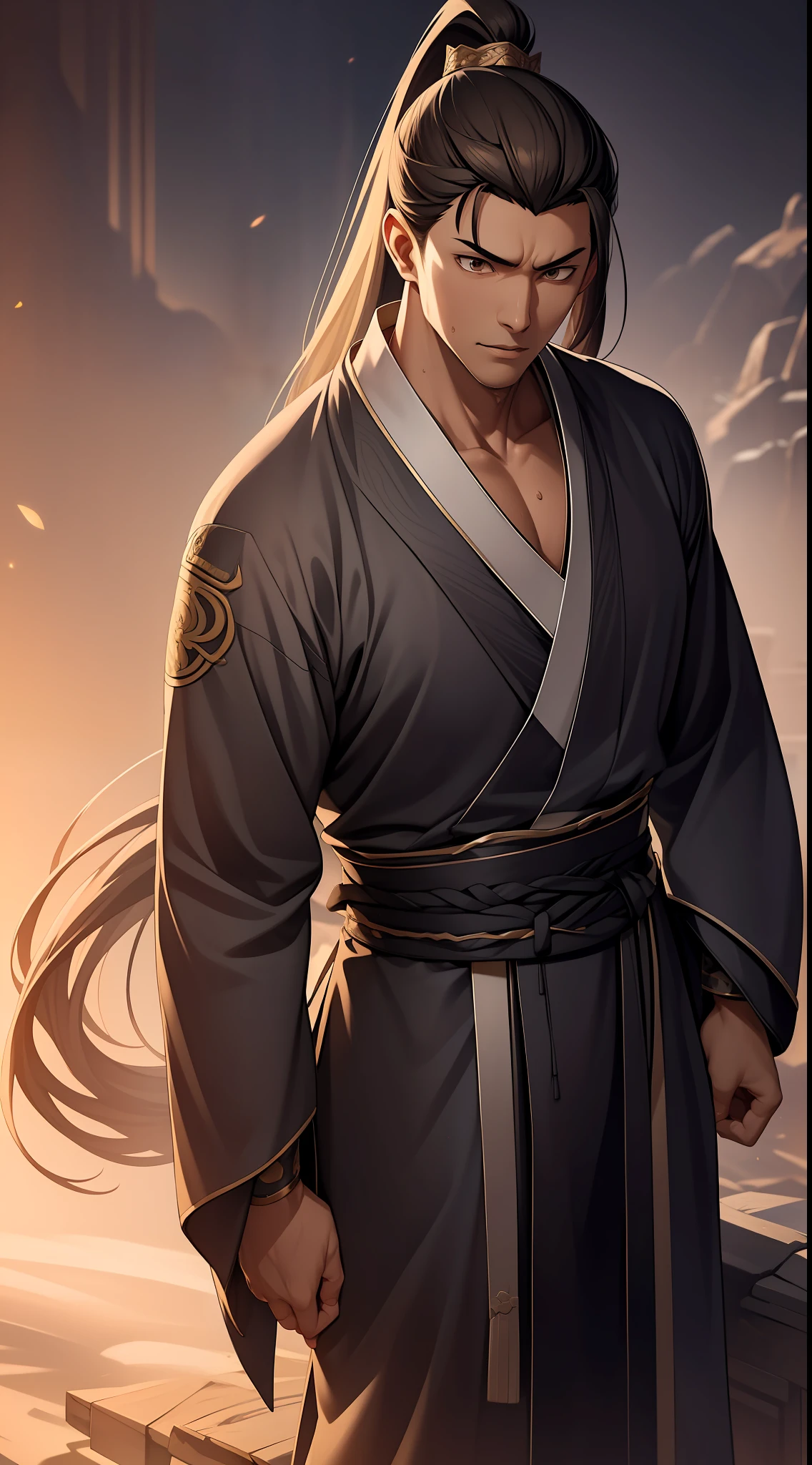 quadratic element，style of anime，mtu（Male Warrior），The proportions are correct，Face details，swordsmen，High ponytail hairstyle，Neck details，There is an Adam's apple，Black Hanfu，kaftan，black toga，clothes details，Handing over，longer sleeves，Game quality，Swordsmanship，Light and shadow tracking，Ray traching，detailed glow，cg render，hair detail，cabelos preto e longos，Black ㇏ eyes，Handsome，Handsome，（juvenile sense），Clothing is complicated，Perfectcomposition，Refinement，high qulity，higher details，Lots of details，The background is complex，a sense of atmosphere，