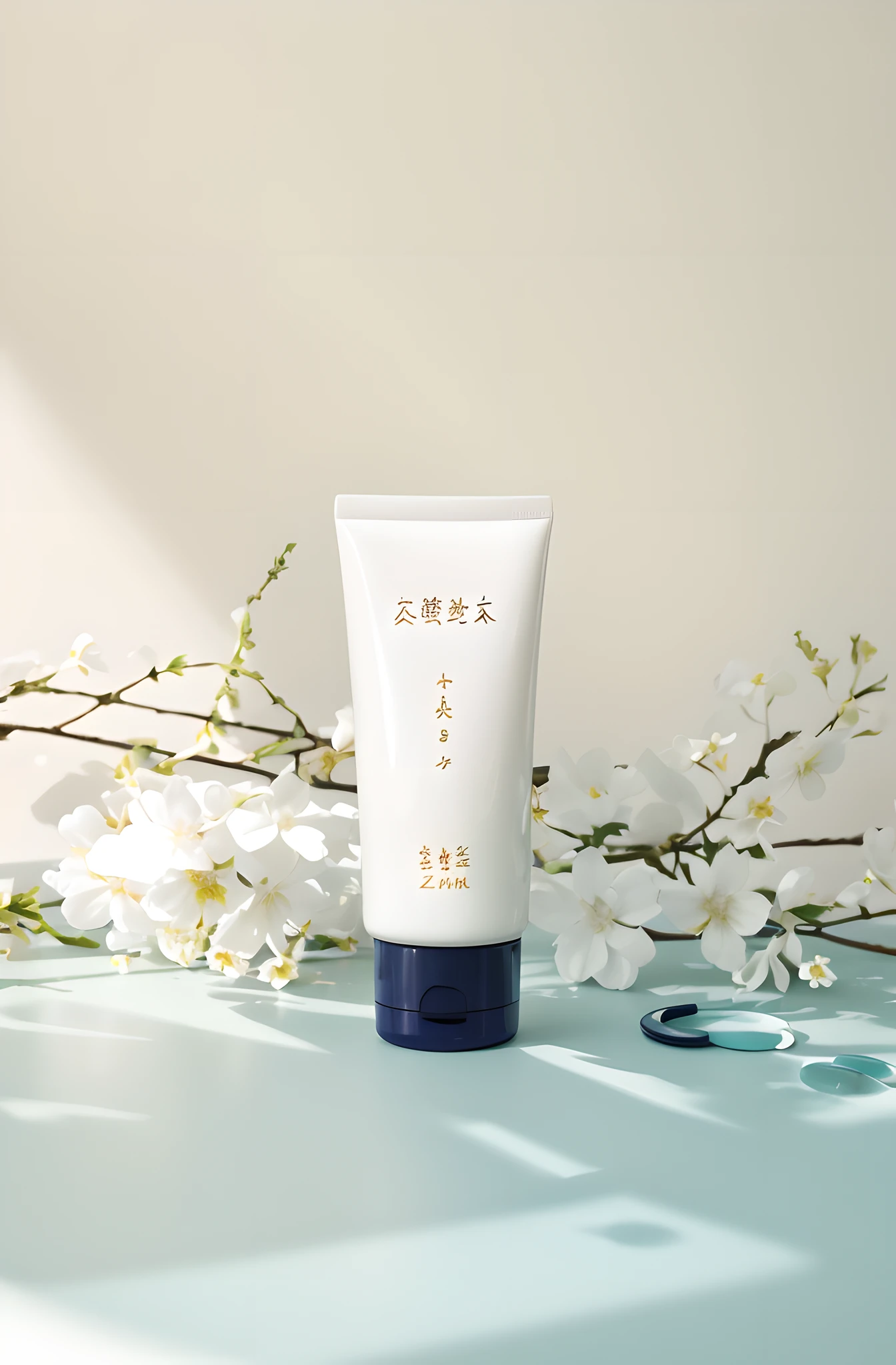 On the table was a tube of cream，There are flowers on it, Product photo, Official product image, product introduction photos, zun, ji-min, product image, Middle Metaverse, su fu, Smooth porcelain skin, professional product photo, shaxi, product introduction photos, japanese collection product, Clean face and body skin, Product photography