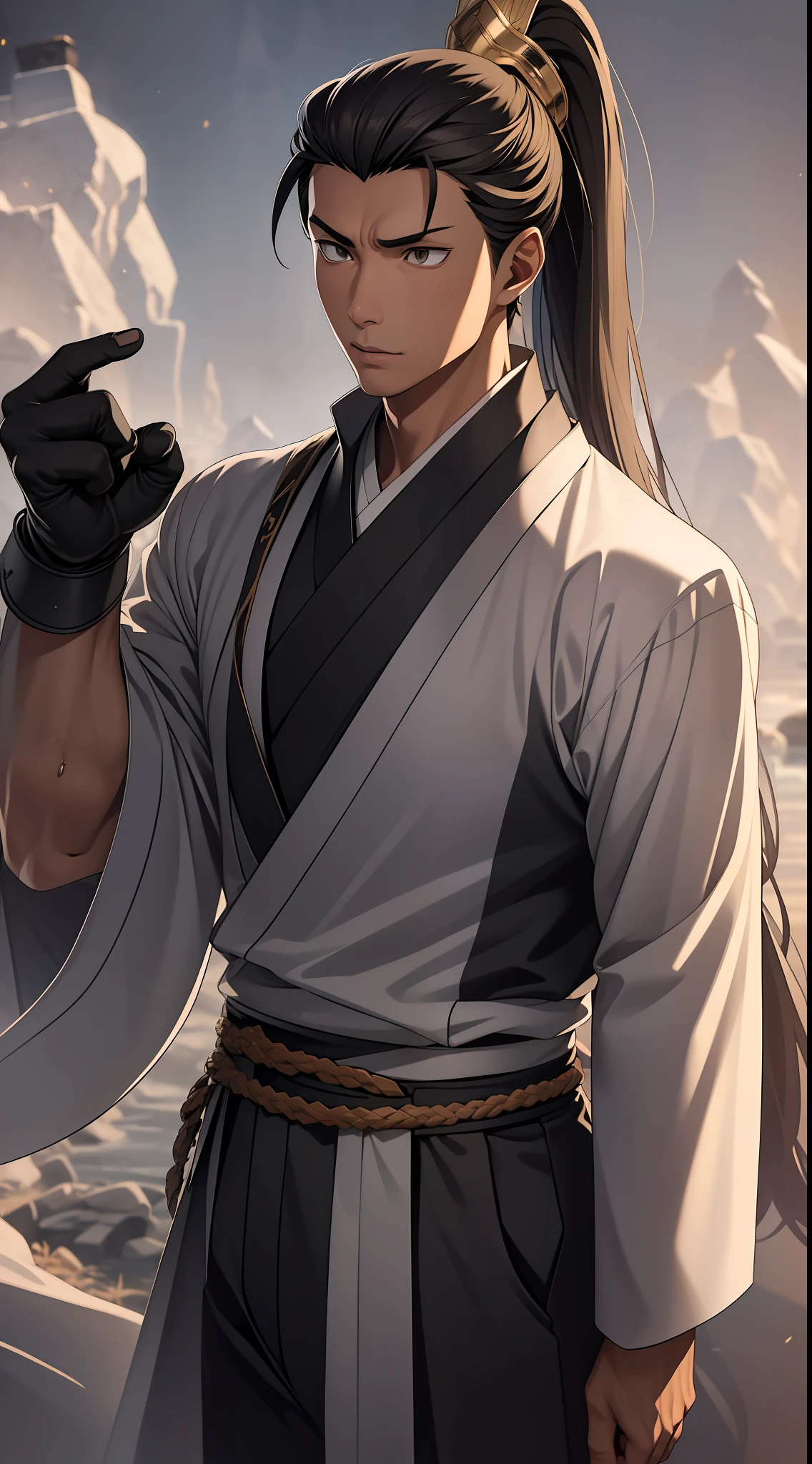 quadratic element,style of anime,mtu(Male Warrior),The proportions are correct,Face details,swordsmen,High ponytail hairstyle,Neck details,There is an Adam's apple,Black Hanfu,kaftan,black toga,clothes details,Handing over,longer sleeves,Game quality,Swordsmanship,Light and shadow tracking,Ray traching,detailed glow,cg render,hair detail,cabelos preto e longos,Black ㇏ eyes,Handsome,Handsome,(juvenile sense),Clothing is complicated,Perfectcomposition,Refinement,high qulity,higher details,Lots of details,The background is complex,a sense of atmosphere,