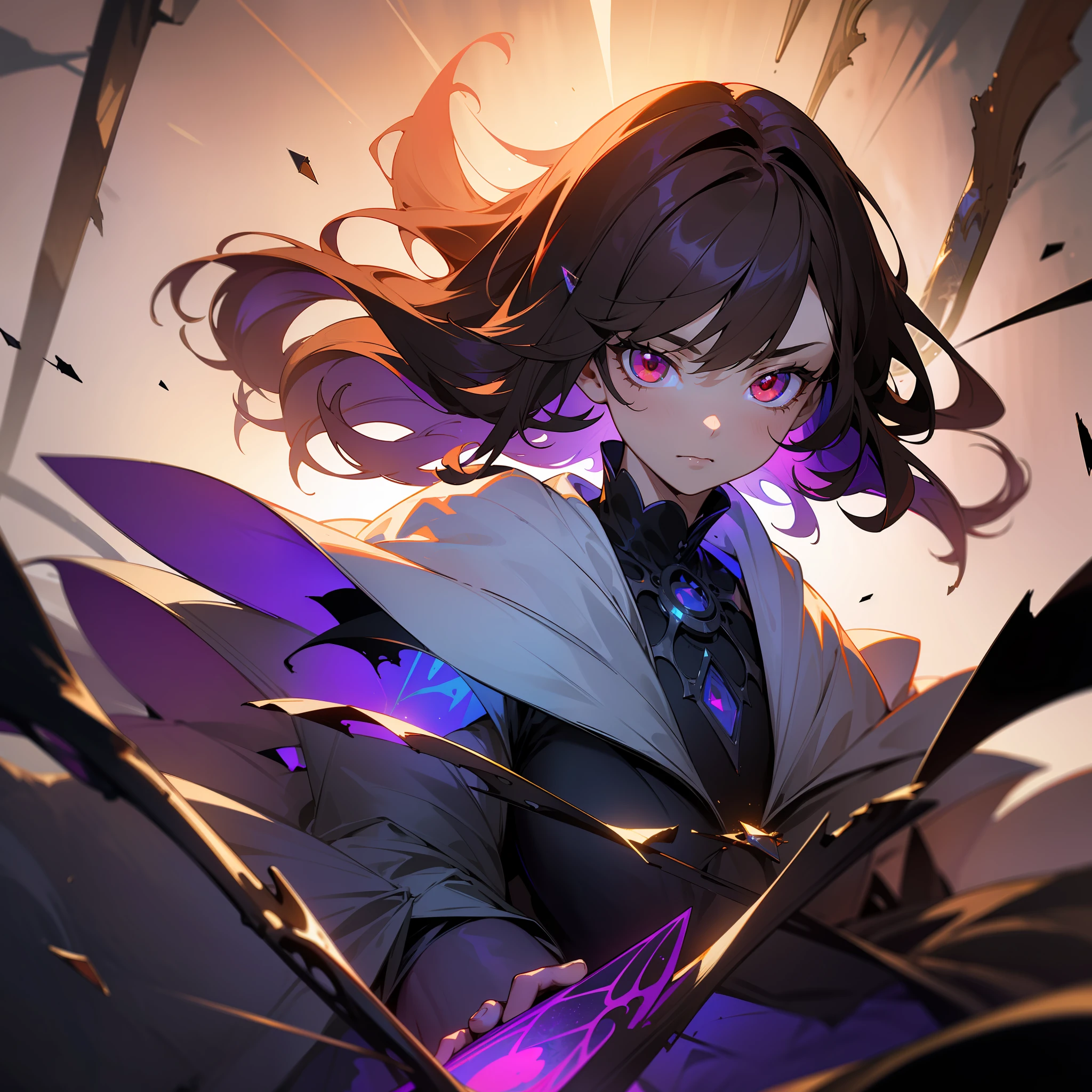 (Masterpiece, Best Quality, Ultra Detail, Best Shadows), (Detailed Background, Dark Fantasy), (Beautiful Detail Face), High Contrast, (Best Lighting, Extremely Delicate and Beautiful), ((Cinematic Light)), Bright Colors, Ultra Detail, Dramatic Light, Intricate Detail, (1 Girl, Solo, Brunette Hair, Sharp Face, Low Double Tail, Red Eyes, Hair Between Eyes, Dynamic Angle), Blood Splash, Black Light Swirling Around Character, Depth of Field, Black Light Particles, (Broken Glass), Magic Circle,