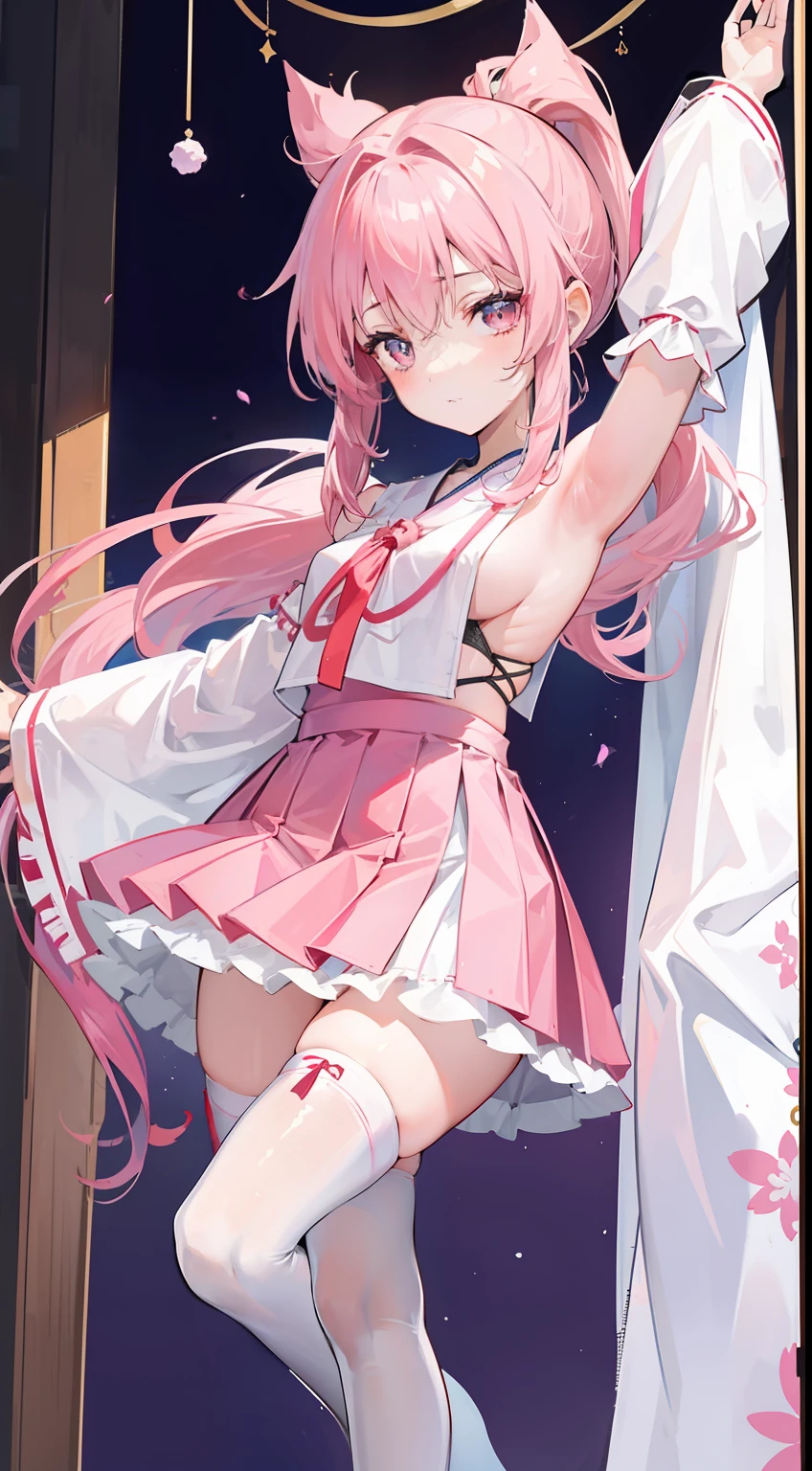 1 young girl，full bodyesbian，（tmasterpiece：1.2），（best qualtiy：1.3），1girll，standing on your feet，A pink-haired，Long double ponytail，（shrine maiden clothe：1.3），（Expose the armpits：1.2）white stockings，Review