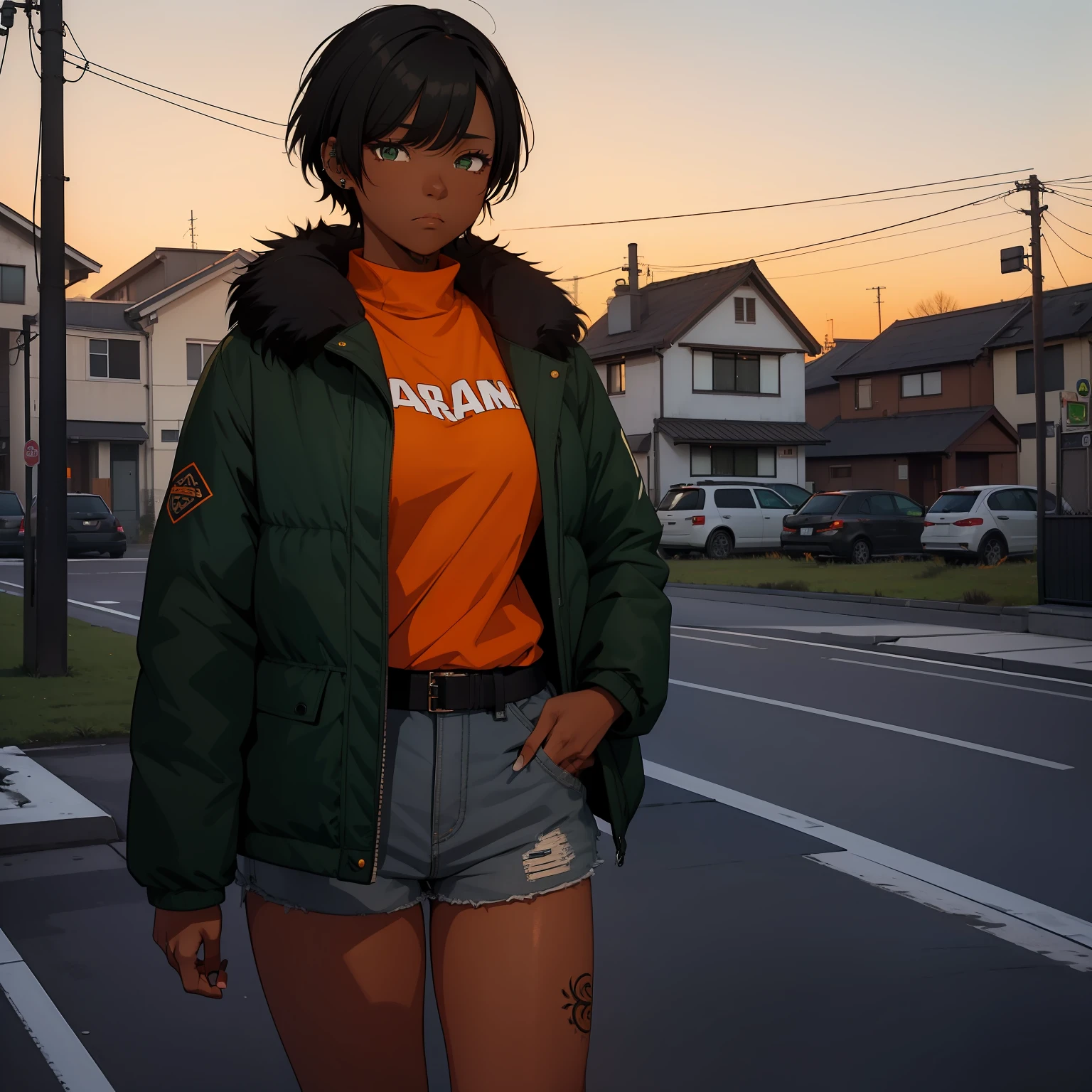 a 1girl, 独奏, dark-skin, green colored eyes,Warm jacket, Short black hair, hair-style, square, short shorts with fur, Average Breasts, Tired look, open waist, body piercings, tattoo, winter, Sundown, Orange sky, Obolaka Grey Houses.