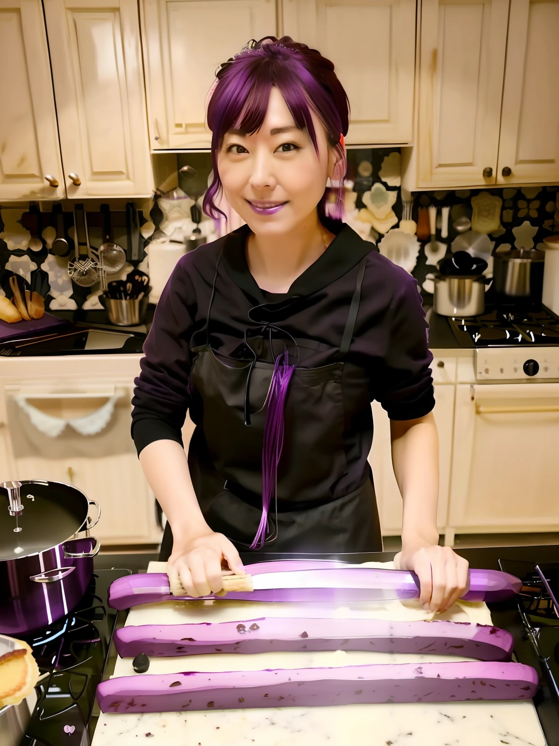 Woman in black shirt making purple dough on countertop, baking french baguette, holding magical kitchen knives, baking a cake, menacing!, Purple tube, inspired by Maki Haku, Inspired by Yukimasa Ida , Cooking, inspired by Nishida Shun'ei, Bake cookies, full subject shown in photo, Self-restraint, Cooked, Yum, In the kitchen