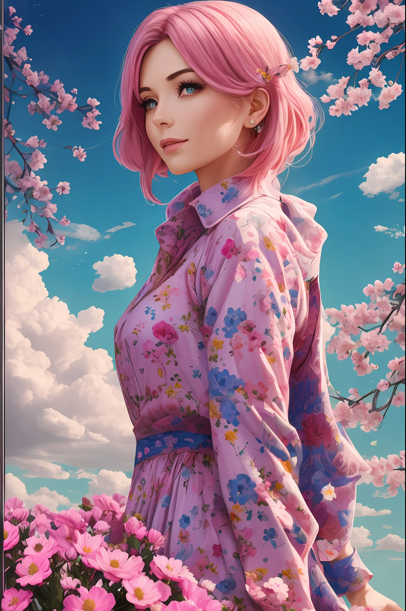 Beautiful 30 years old lady, pink hair, cloudy sky, surrounded by pink and blue flowers --auto --s2