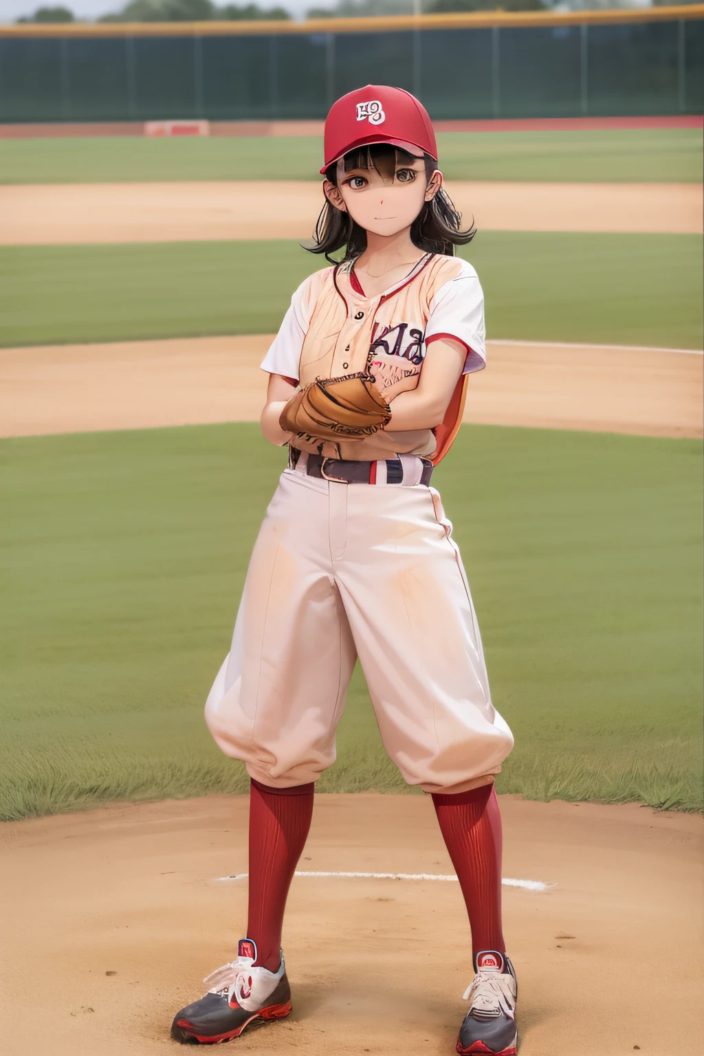 1 woman、Baseball Uniforms、baseball field、Looking at the camera