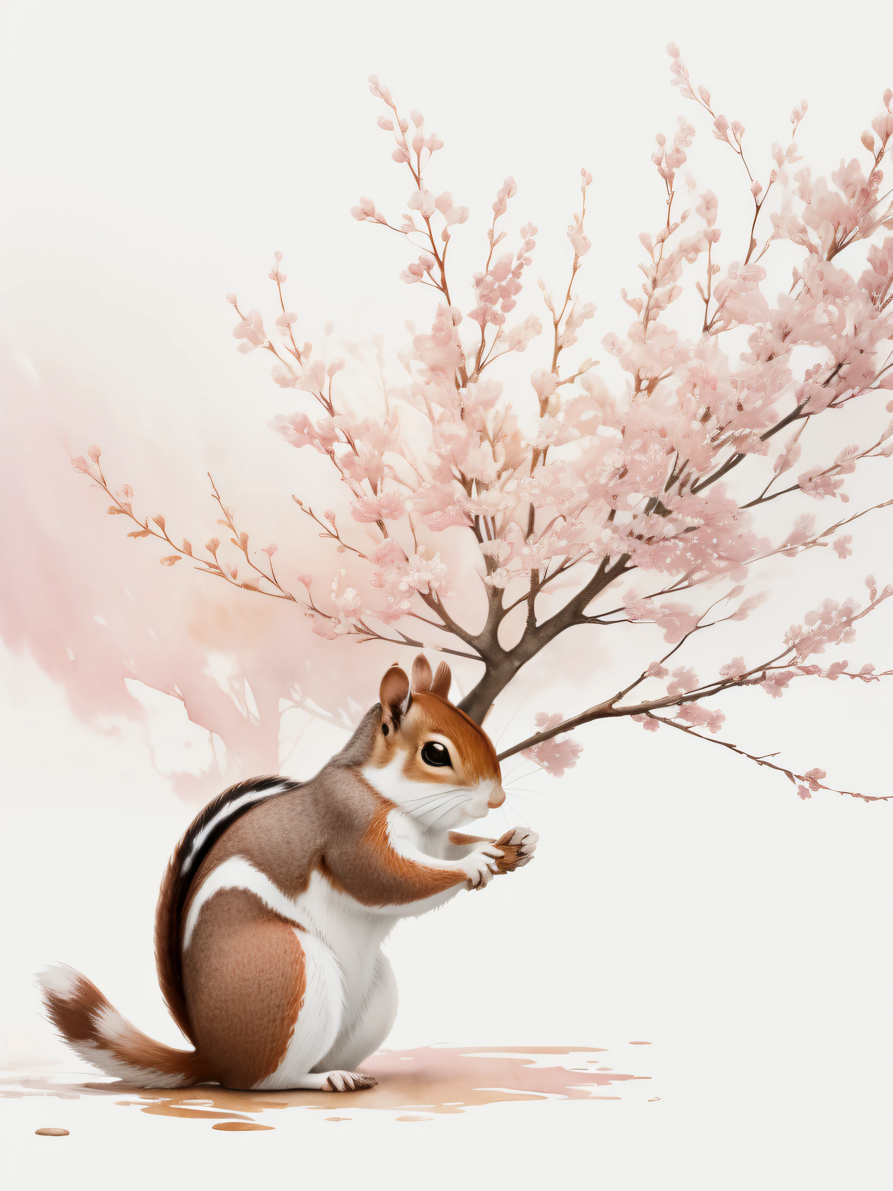 Watercolor squirrel painting isolated on white background, watercolor paiting、Splash technique to reproduce wet conditions、Blurry atmosphere、Unique composition、Abstract representation、Contains elements of surrealism、Pale tones、Pale pink and gold color scheme、high resolution details、Ink splash effect、Pale colors。