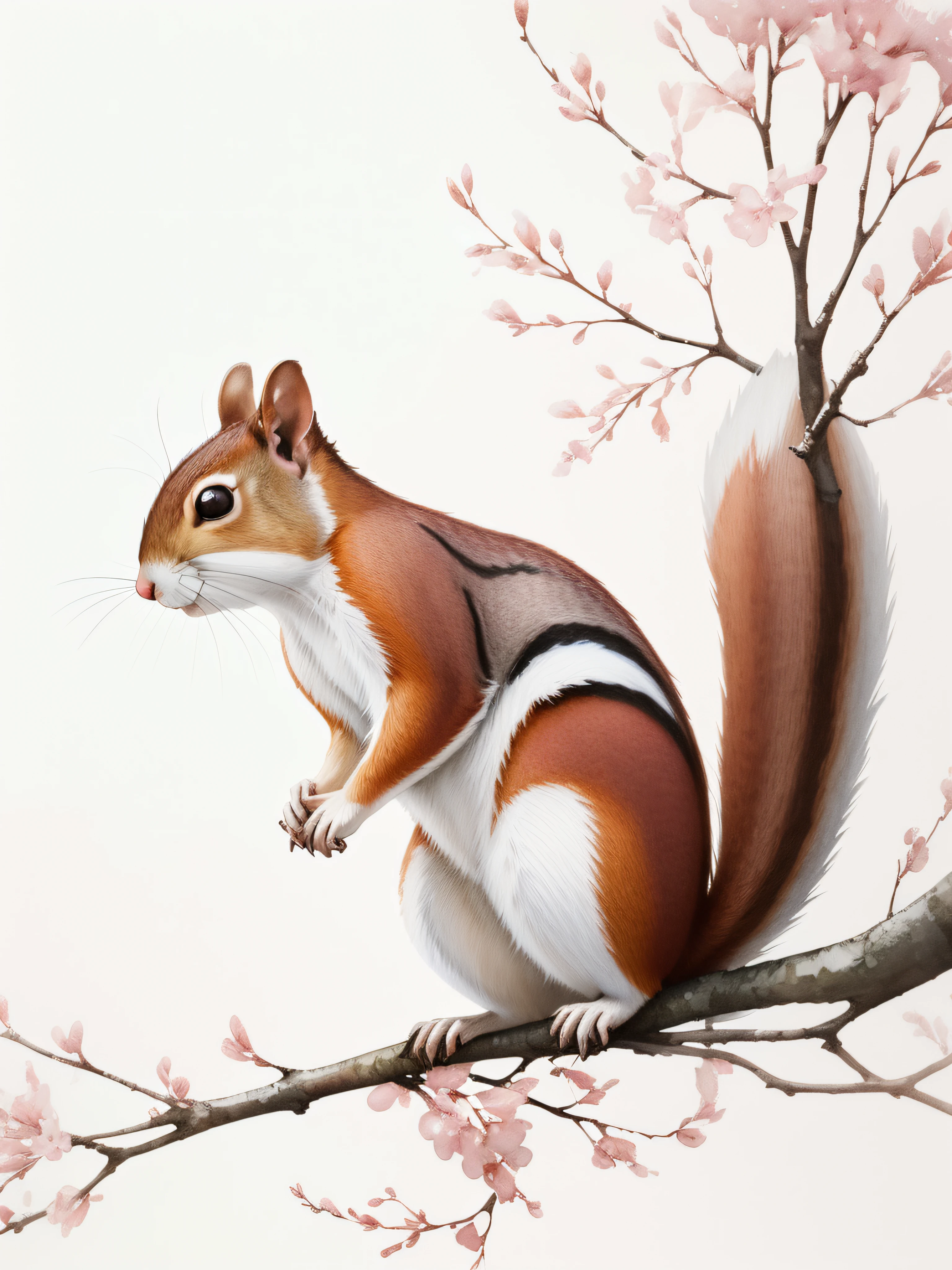 Watercolor squirrel painting isolated on white background, watercolor paiting、Splash technique to reproduce wet conditions、Blurry atmosphere、Unique composition、Abstract representation、Contains elements of surrealism、Pale tones、Pale pink and gold color scheme、high resolution details、Ink splash effect、Pale colors。