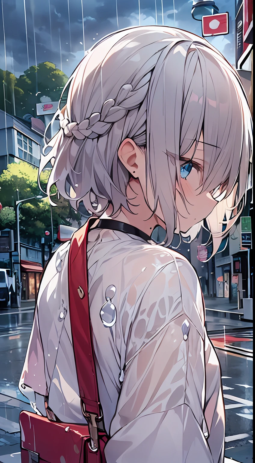 masutepiece, Best Quality,Illustration, Wallpaper, Ultra Detail, absurderes, 1girl in, Solo, (Medium short hair、short braided hair), Beautiful detailed eyes, rainfall、water dripping、wetting hair , Looking to the side, (Street:1.5), Cloudy sky、Bright scenery