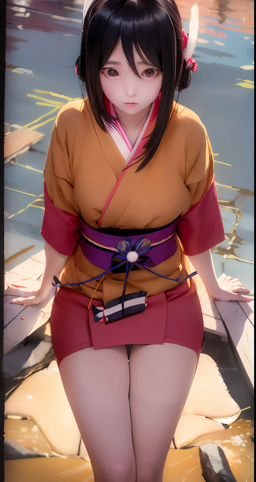 anime girl in a kimono outfit sitting on a dock, hinata hyuga, nezuko-chan, nezuko, shikamimi, japanese goddess, thicc, ayaka genshin impact, kunoichi, hinata hyuga from naruto, demon slayer rui fanart, anime woman, katanas strapped to her back, beautiful alluring anime woman