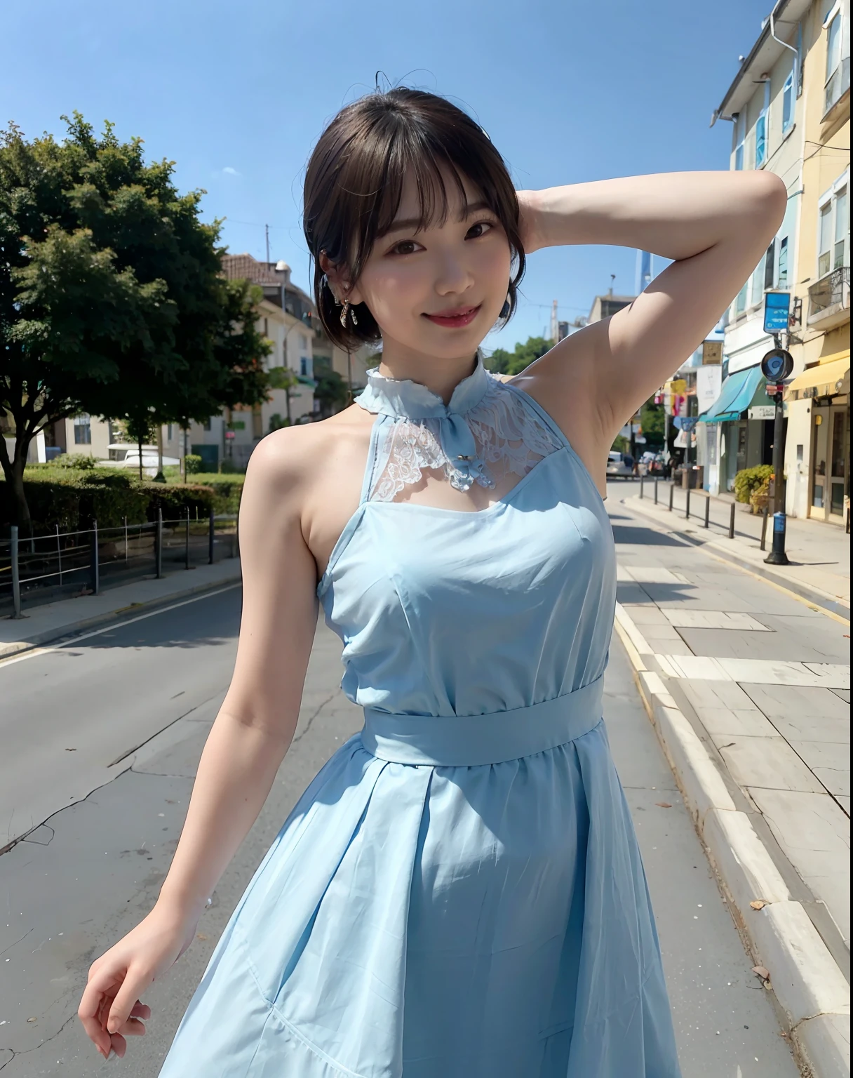 a woman posing on the street corner with light blue dress on, best quality, 1girl, large breasts, day, bright, blur background, bokeh, outdoor, (street:0.8), (people, crowds:1), (lace-trimmed dress:1.5, sleeveless dress, light blue clothes, light blue high-neck dress:1.2, blue dress: 1.5), gorgeous, (short hair, forehead:1.2), beautiful detailed sky, earrings, (dynamic pose:1.2), (upper body:0.8), soft lighting, wind, shiny skin, smile,