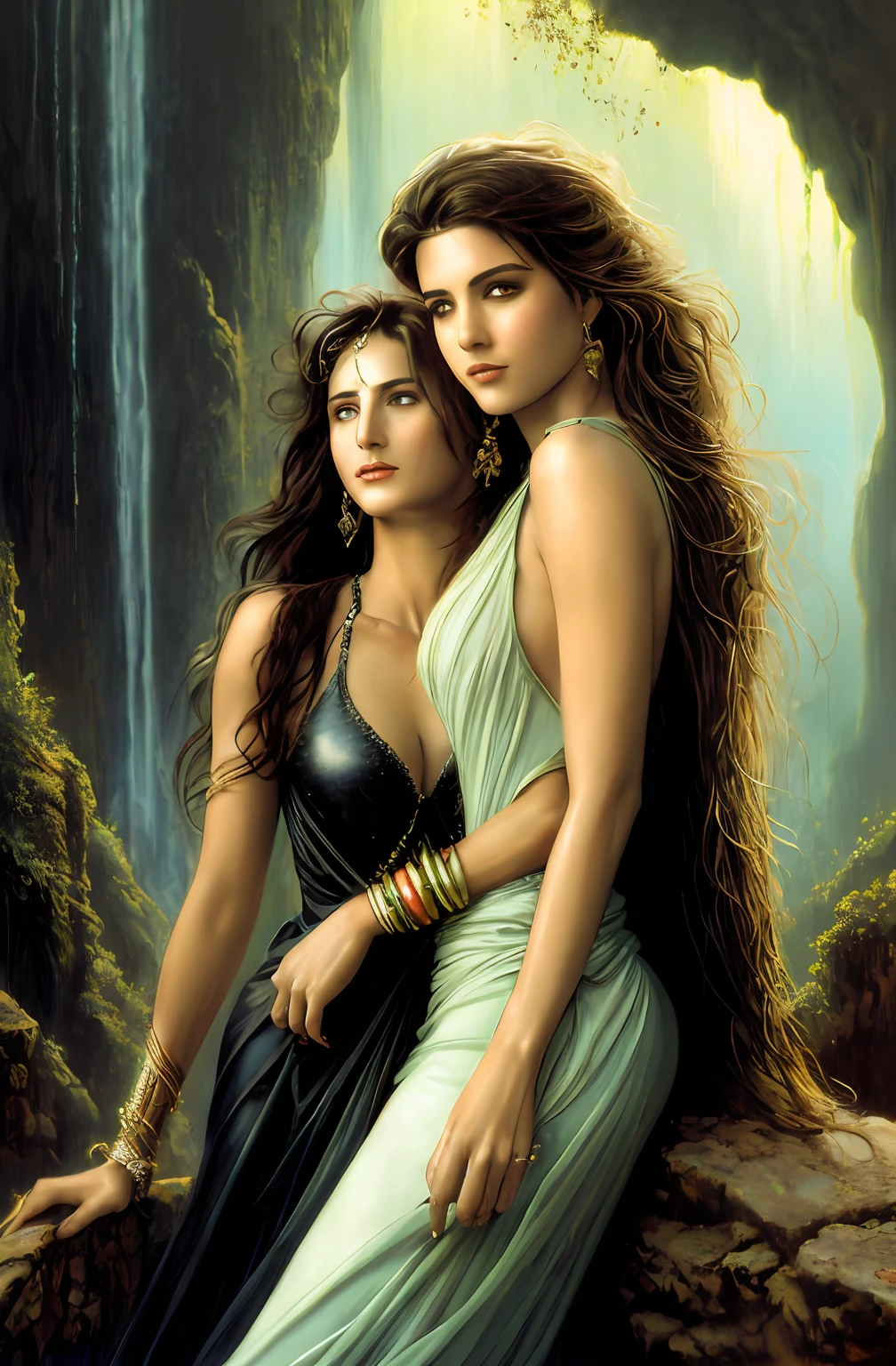 ((Realistic:1.5)),((Best quality)), ((Masterpiece)),((Detailed)),2girls,duo,{2 beautiful women}, (Upper body:1.3), Hug and touch each other, Tease your friend's waist, Breathless friends, Biting a friend's earlobe, crouched,super wide shot,Face focus, mature,Toned muscles,Long legs,Curvy, Barefoot, Medium breasts, Open cleavage, A sagging breast, Thick thighs,Wide hips, Thin legs, Green eyes,Long black hair,floated hair,Long eyelashes, (Detailed face,beautidful eyes, detailedpupils,detailed clothes features, Clear background:1.3), (Bindi,Jumkas:1.3), (armlets, haar, payal,Mantika,Jumkas,Kamalband,bangle:1.3), Mysterious ancient ruins, floresta exuberante, Deep canyon,bridge,River,cliff,Cloud,lakes,Rock music,Waterfalls, Flowers, Grass,grape trees,tree,bright detail,Sharp,Perfect compounding, Intricate, Sharp focus, Dramatic, author：Frank Frasertta,author：Julie Bell,author：Olivia de Belladenis,author：Luis Royo（Luis Royo）,by Boris Vallejo,