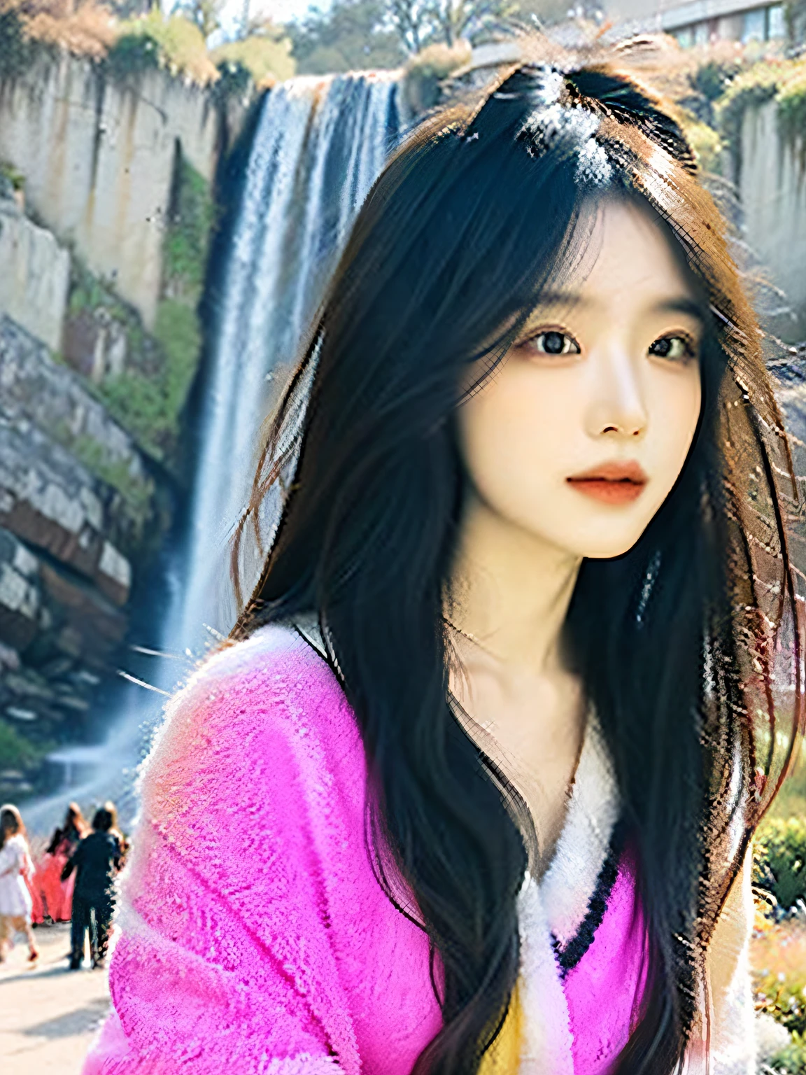 one-girl，Skin highlight，The texture is strong，Close-up of people，Black hair，Fluffy hair，Hanfu，Streamers，flowy，Flowing ink，Spread out energy，Riding a Chinese dragon，Landscape waterfall in background，Global illumination，rich details​，long leges