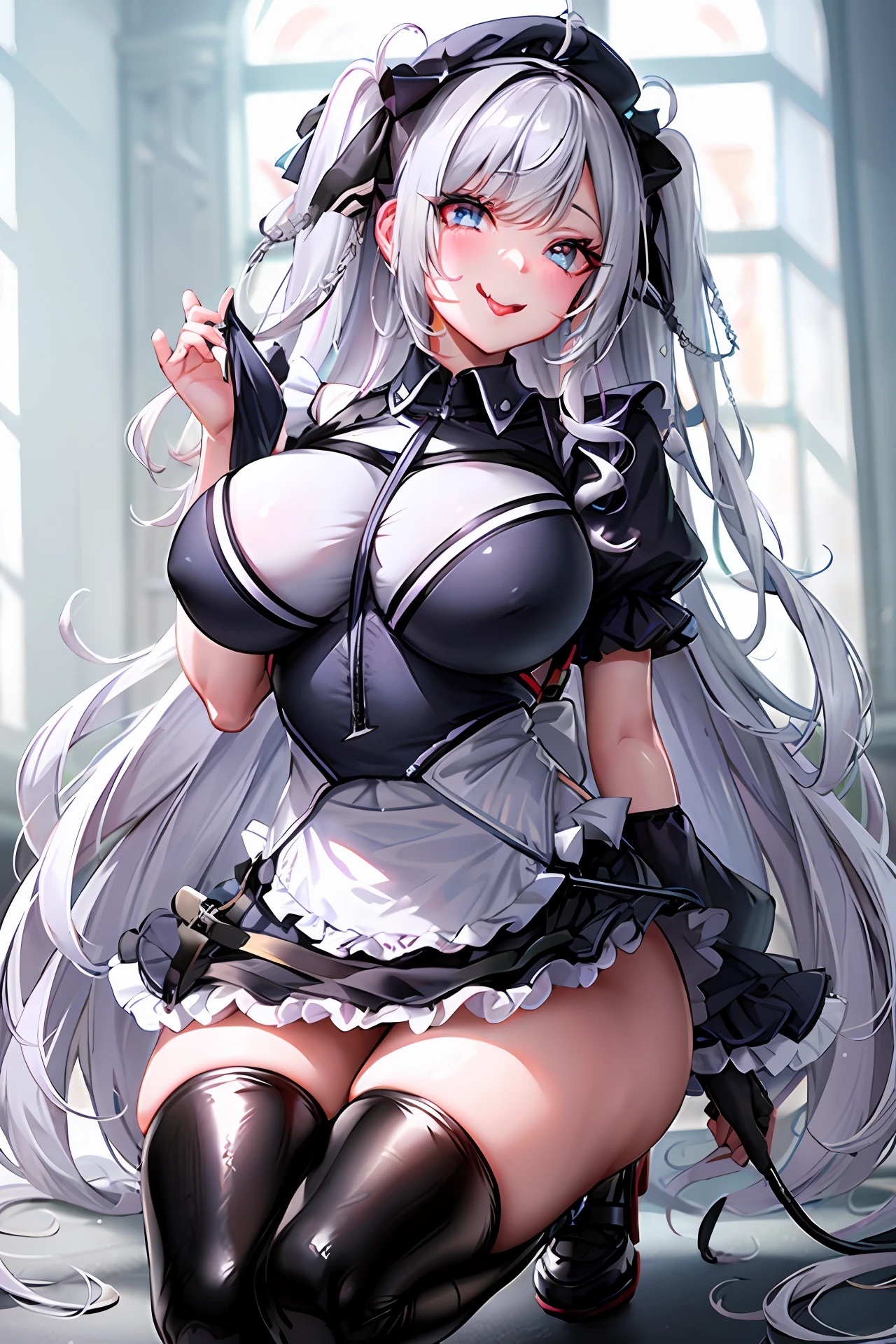 A loli with big breasts in a maid costume squatted on the ground，Stick out her tongue，He looked at me with a look of interest，Silvery hair，blue color eyes，Wearing black suspender stockings，largeeyes，with fair skin，The is very detailed，