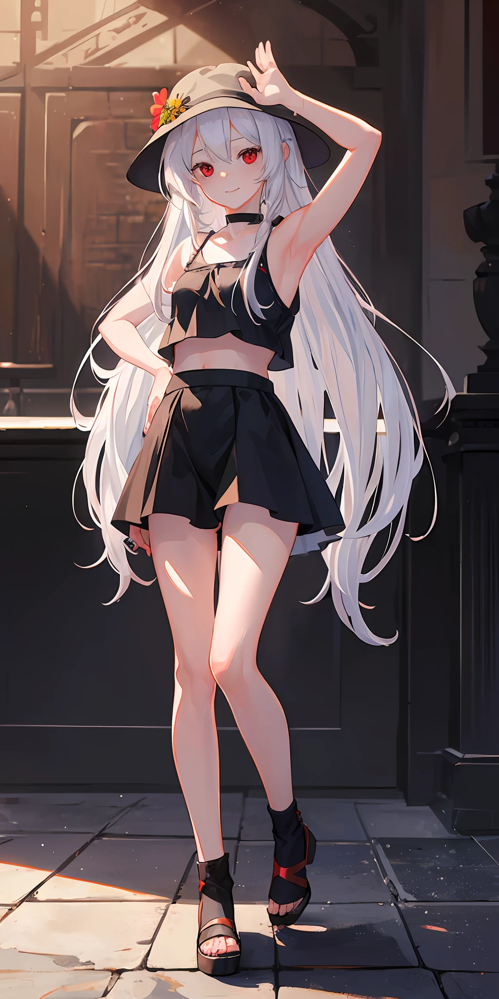 (child body:1.3), long white hair, red eyes, (masterpiece, best quality:1.2), (solo), (1girl), best quality, (photorealistic:1.4),ultra detailed, solo, (full body:1.5), love in eyes, blushing, cute, smile, black croptop outfit, black bucket hat, hands raised above the head
