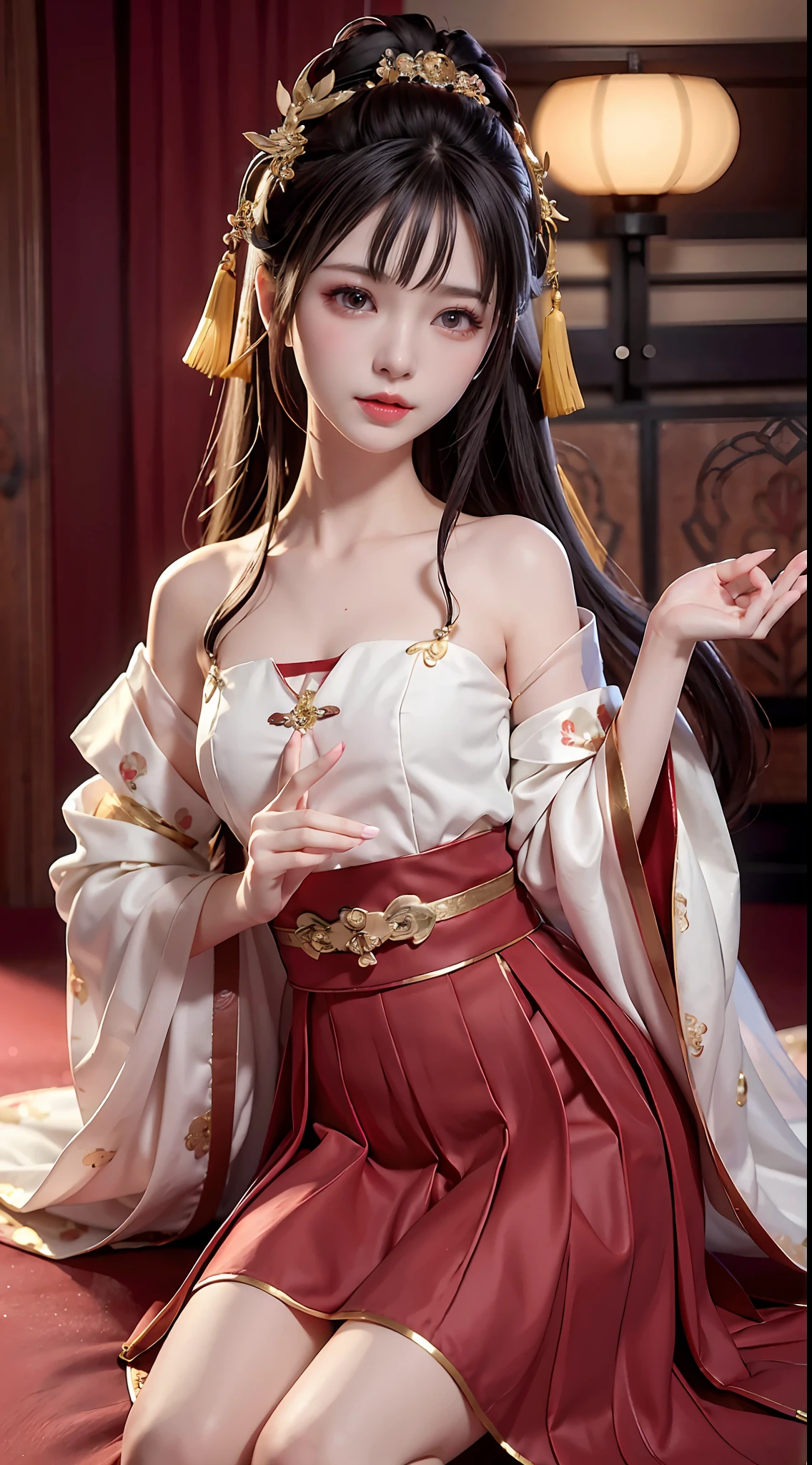 JK Maiden,A girl wearing a Japanese girls' school uniform,8K,Extremely high image quality,Cinematic film texture,photorealestic,Eating Japanese food,Nikkei background,depth of fields,Tatami room,Warm lighting,Bow on chest,Qi bangs,Long hair that falls over the shoulder,(Playful eyes),二重まぶた,Deepening of the tail of the eyes,Lying silkworm,Wear a bracelet on your wrist,Scarlet lips,The lips are shiny and textured,Fine skin texture,Brown sparkling pupils,((((Keep your eyes on the camera)))),Slender fingers,((face round)),(((Small lips))),Black halterneck hanfu,Small-headed spells(Prompt): ((hyper HD)),Best image quality,8K resolution,Higher quality,Works of masters,Antique peerless beauty bride,Exquisite facial features,Absolutely beautiful,Crystal red lips,ssmile,Nice big eyes,Delicate long eyelashes,Sweet with lying silkworms,鎖骨,Black color hair((Loose Chinese antique hairstyle,Floral hair ornaments,Wearing a white sheer silk shirt with large sleeves,Glossy,Multi-layer yarn,There is beautiful embroidery,))Skin that is white and red,Extreme picture quality((((Get close to the viewer,Court-style mosquito nets,Festival room,sit on a bed