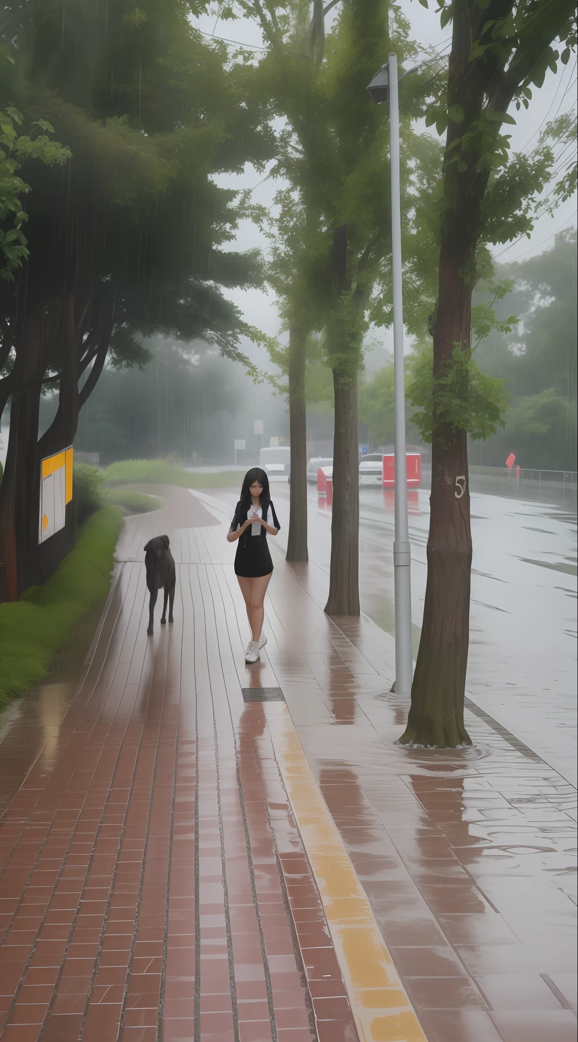 Rainy, raining, Best Quality, Best resolution, 3DMM (3DMM) (3DMM (3DMM)), 8K, shame, shapely, Glossy, Photorealistic:1.5, The best details, wet by rain, A body with perfect proportions, Huge heap, no panty, No bra, Wet and shiny interior, with dramatic lighting, Dark, But partly dazzling,