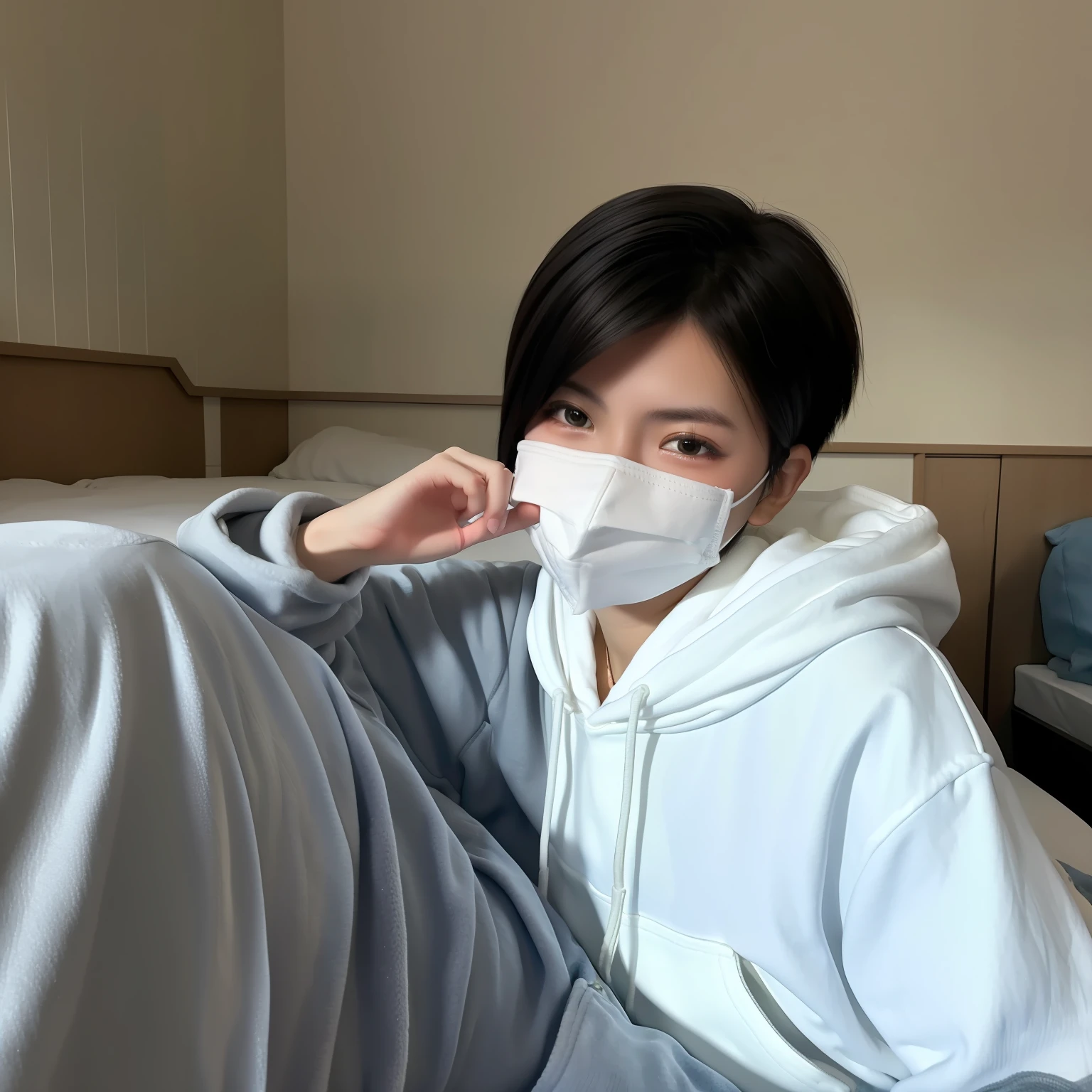 1 tomboy girl, two blocks cut, short hair with black hair, white hoodie, bedroom background, using masker, ultra detail, realistic