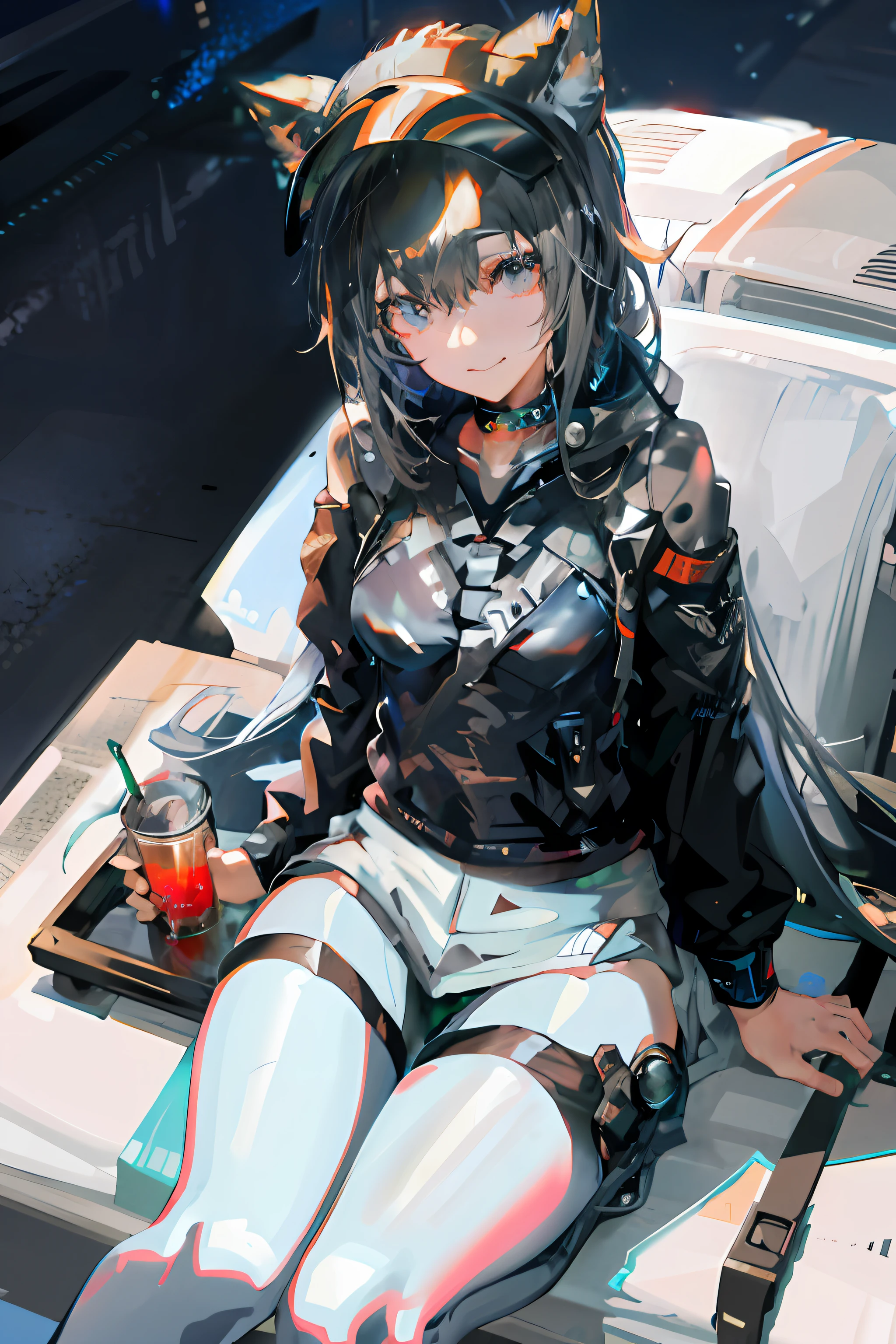 Anime girl sitting in car drinking drinks and hat, cyberpunk anime girl in hoodie, style of anime4 K, cyberpunk anime girl mech, Best anime 4k konachan wallpaper, cyberpunk anime girl, female cyberpunk anime girl, jet black haired cyberpunk girl, Badass anime 8 K, portrait anime space cadet girl, Kantai collection style, Digital cyberpunk anime art