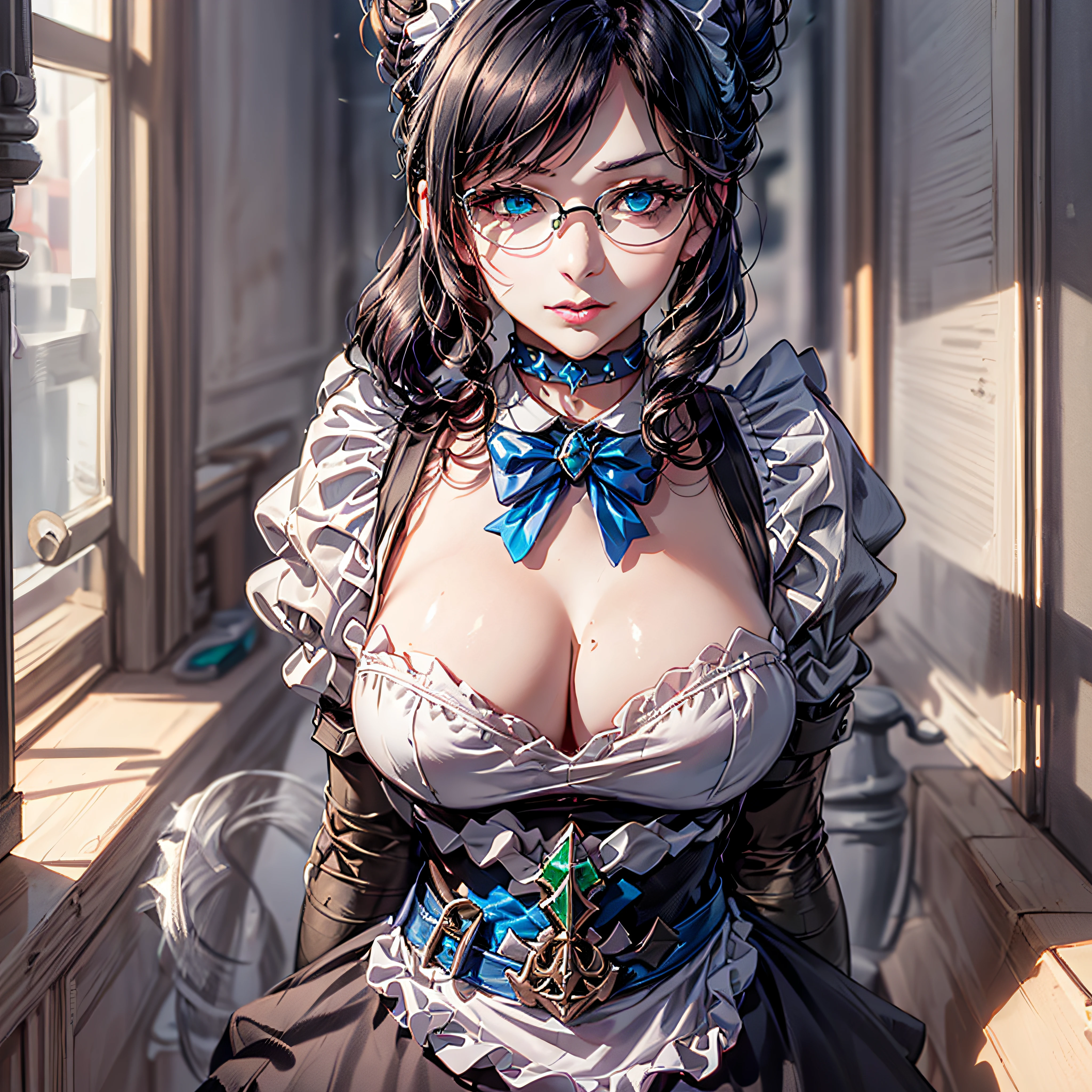 (1girl, yuri alpha:1.0), (anime overlord), (solo:1.4), (Maid_Dress), (64k, UHD, Raw photo, highes, Best Quality, mastepiece:2.0), (Ultra-fine depiction of details:3.0), (a serious, loyal, hard-working maid head, the vice-captain of the "Pleiades Six Stars", the battle maid squad of the Great Tomb of Nazarick), (a beautiful woman with an intelligent look), black hair, (elegant, vivid blue bowtie, ribbon:1.3), (green wristband), (She is equipped with highly elaborately designed, dark emerald green spiky gauntlets:1.5), (perfect face, perfect body, perfect figure, pink lips, slight blush), (cool, intellectual glasses), (slightly glowing blue eyes:1.3), (shiny sleek long hair, single hair bun, single braid bun, double bun), (silky, high-quality, majestic, gothic, ((low-key)), simple, maid dress:1.0), (vivid blue gothic style choker:1.3), (pure white maid apron:1.2), (gigantic breasts, almost brimming out of maid dress:1.2), (sexy cleavage:1.1), inhouse, studying the orders issued by the master of [the Great Tomb of Nazarick, Ainz Ooal Gown], the room is filled with solemn atmosphere, (long shot, full body shot), (perfect lighting,)