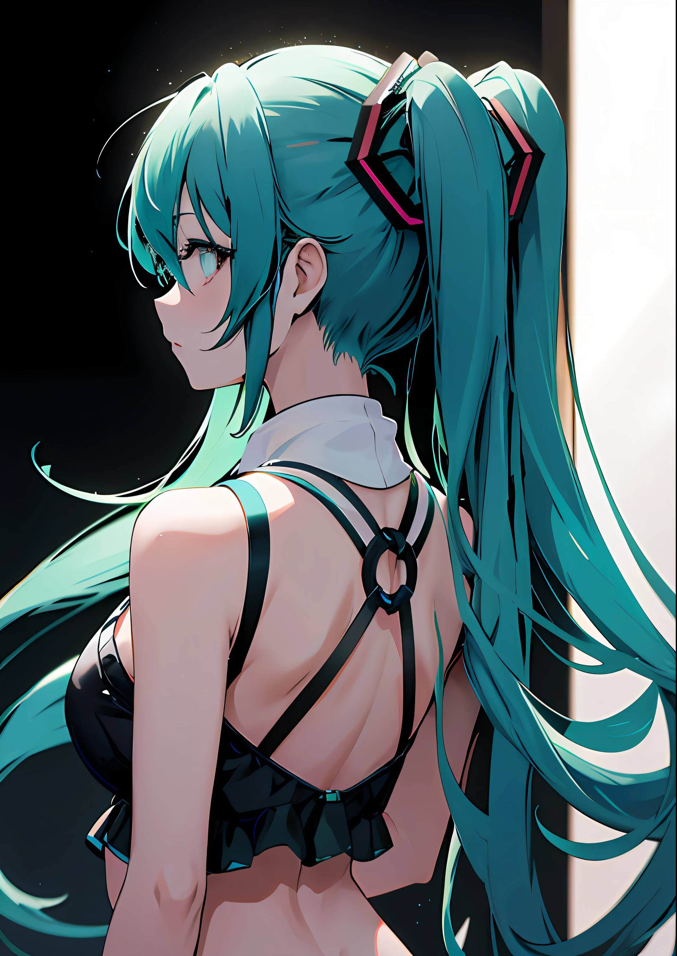1girl in, Upper body, miku hatsune,Rear view,Dark look