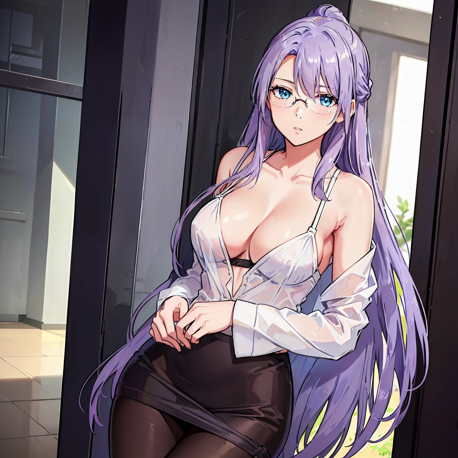 1 girl, lavender hair, long hair, lavender mature half updo, bangs hanging on the left side shoulder length hair strands hanging on either side tucked behind ears, light blue green eyes, Women's rimless glasses, large breast, Women's un-bottened tank top red office, see through bra, brown pencil skirt, pair black stocking, outdoor, perfect finger shape, the number of fingers is not excessive