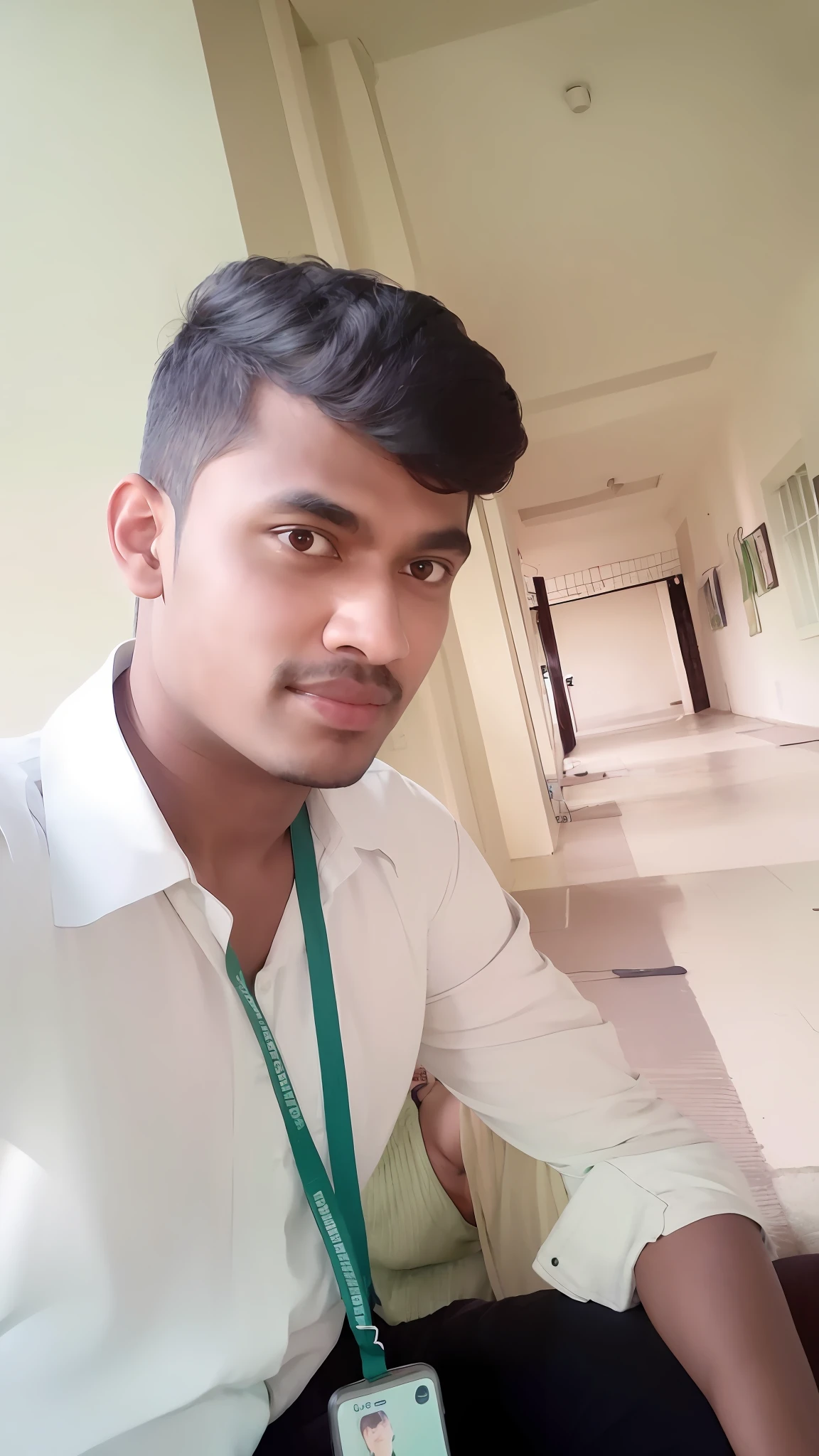 there is a man sitting down with a lanyard around his neck, front profile!!!!, student, with accurate face, jayison devadas, at college, with lovely look, ayan nag, with kind face, selfie photo, candid picture, very very low quality picture, vinayak, very clear picture, without helmet, in small room, facebook profile picture