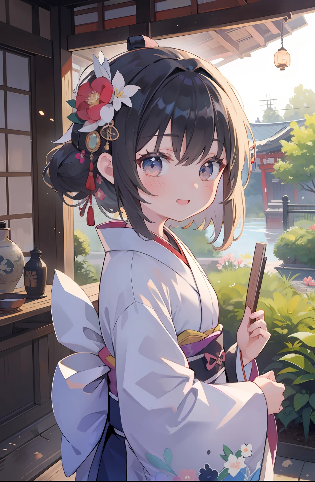 best quality, intricate details, 1girl, subaru_kimono, japanese clothes,hair bow, hair flower,garden,outdoor,(east asian architecture:0.6),backlighting,diffuse lighting,smile