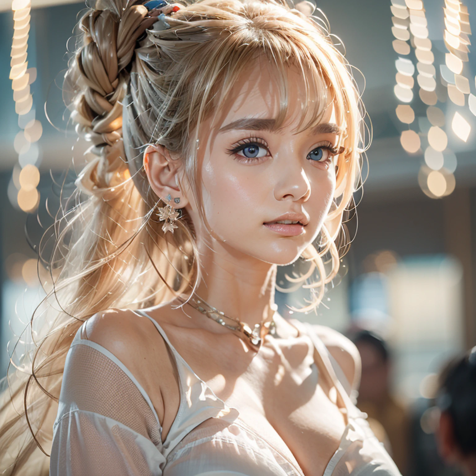 （8k）, RAW photos, best qualtiy, 超高分辨率, （realisticlying）, （ Kpop idol）, （ aegyo sal：1）, adolable, 1girll, （ exteriors）, （ natta）, （ Shrine lantern）, ssmile, 独奏, looking at viewert, 独奏, Beautiful and delicate detailed girl, yae miko, Separate the sleeves, exposed bare shoulders, with pink hair, long whitr hair, Japanese clothes, Best quality at best, coda, Detailed hands, detailed finger, shaded lighting, jewely, 耳Nipple Ring, Plush ribbon decoration、white skirt、white dresses、Thick lips、profesional lighting、Detailed lighting、photon maping、Radio City、physically-based renderingt, （（ the hair）, photo-realistic hair, realistic illumination, realistic shaded, Realistic skin, Soft reflection of light from above, realistic fabrics, Fibers of clothing fabrics, Realistic hand wrinkles, photorealistic eye, wide chin, Thick lips, Little tiger tooth, Neat one-word bangs, Ji Shi Fa, French braids, tmasterpiece, Fine hair like silk, Every hair is clear, photo level, wide angles, Seductive eyes, glint, excited, kubrick stare, glasgow smile, bokeh, move chart, Atmospheric perspective, Cinematic lighting, Textured skin