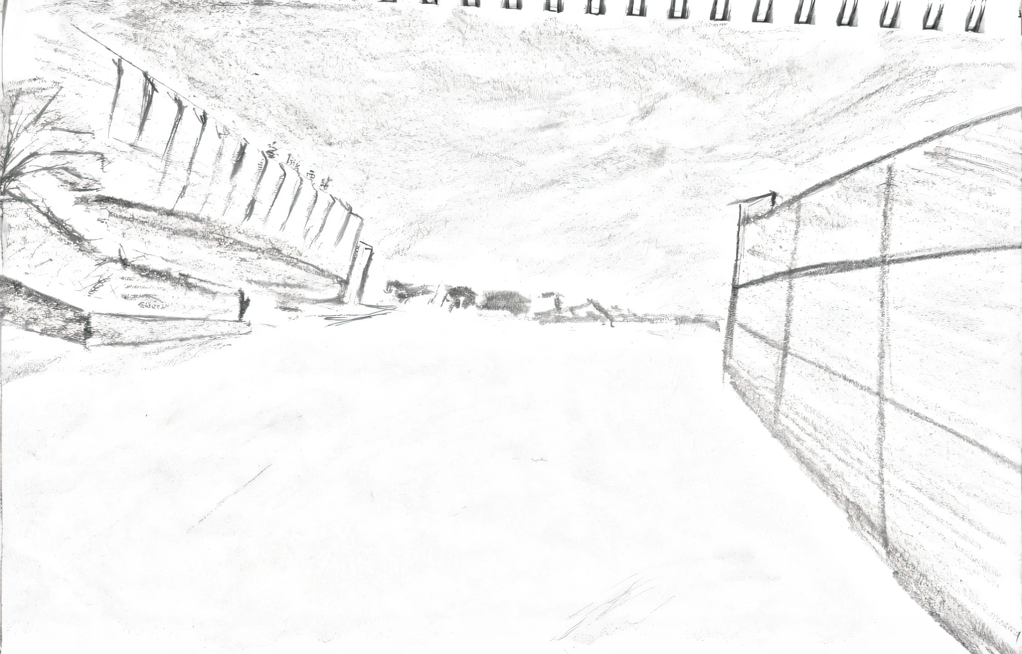 Draw roads with fences and fenced areas, ground perspective; Detailed, old sketch, ground perspective, vanishing point perspective, detailed but rough, landscape perspective, deep 3 point perspective, Beige sky pencil markers, Rough sketch, fine art sketch, foreshortened perspective, sketched 4k, matte sketch, Line sketch, concept piece, extreme three point perspective