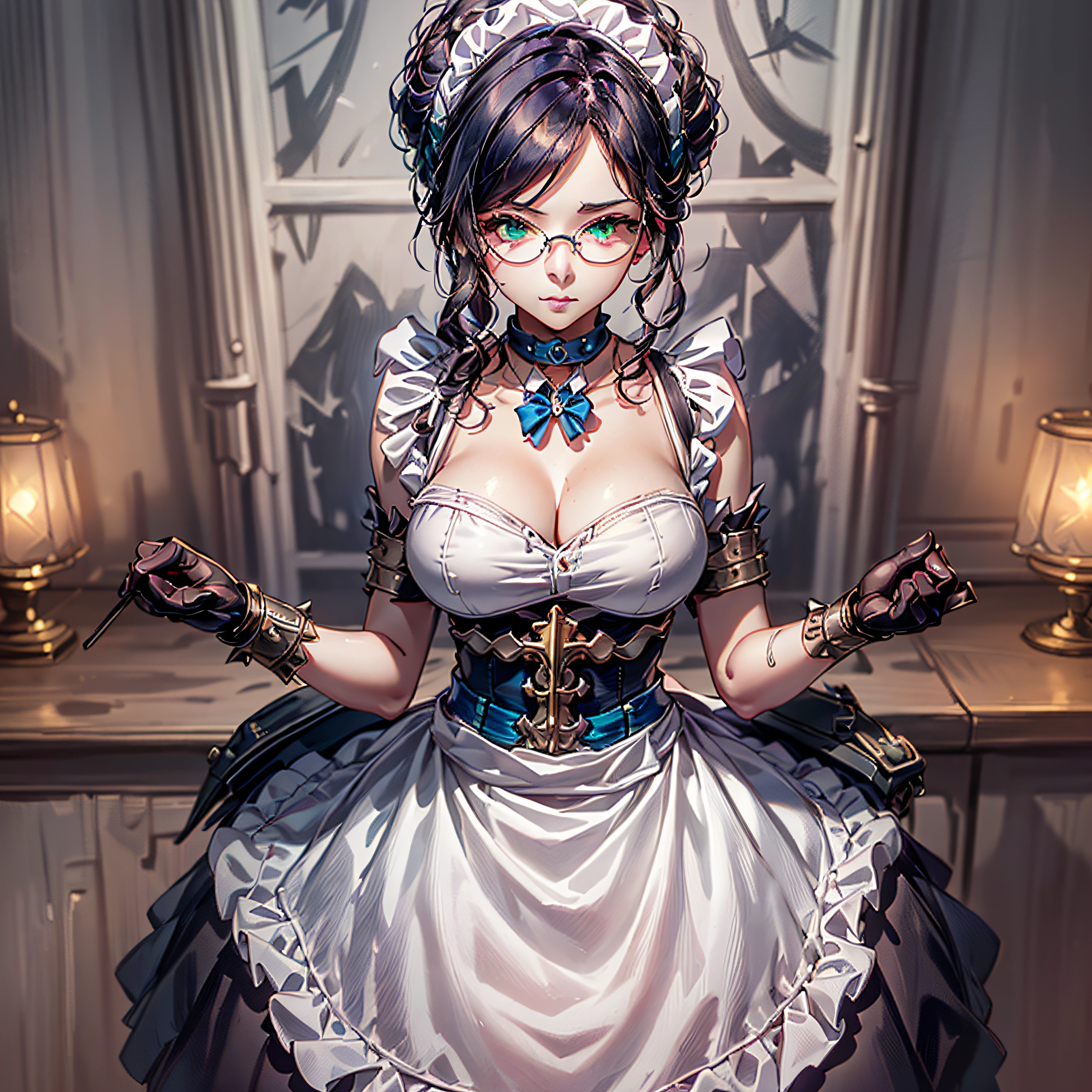 (1girl, yuri alpha:1.0), (anime overlord), (solo:1.4), (Maid_Dress), (64k, UHD, Raw photo, highes, Best Quality, mastepiece:2.0), (Ultra-fine depiction of details:3.0), (a serious, loyal, hard-working maid head, the vice-captain of the "Pleiades Six Stars", the battle maid squad of the Great Tomb of Nazarick), (a beautiful woman with an intelligent look), black hair, (elegant, vivid blue bowtie, ribbon:1.3), (green wristband), (She is equipped with highly elaborately designed, dark emerald green spiky gauntlets:1.5), (perfect face, perfect body, perfect figure, pink lips, slight blush), (cool, intellectual glasses), (slightly glowing blue eyes:1.3), (shiny sleek long hair, single hair bun, single braid bun, double bun), (silky, high-quality, majestic, gothic, ((low-key)), simple, maid dress:1.0), (vivid blue gothic style choker:1.3), (pure white maid apron:1.2), (gigantic breasts, almost brimming out of maid dress:1.2), (sexy cleavage:1.1), inhouse, studying the orders issued by the master of [the Great Tomb of Nazarick, Ainz Ooal Gown], the room is filled with solemn atmosphere, (long shot, full body shot), (perfect lighting,)