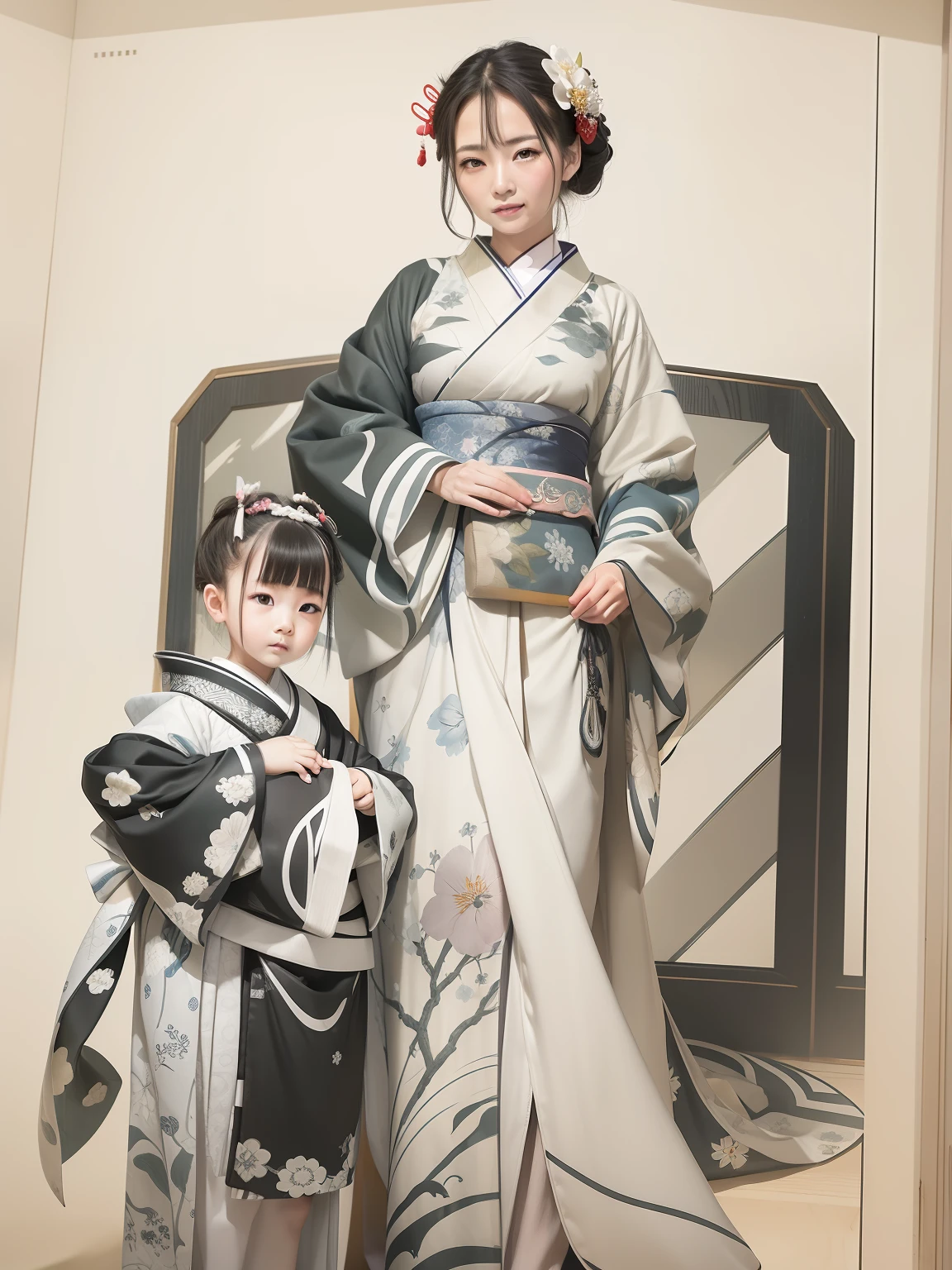 ((​masterpiece))、(top-quality)、kabuki、in the edo era、Mother and child、kimono、beautiful countenance