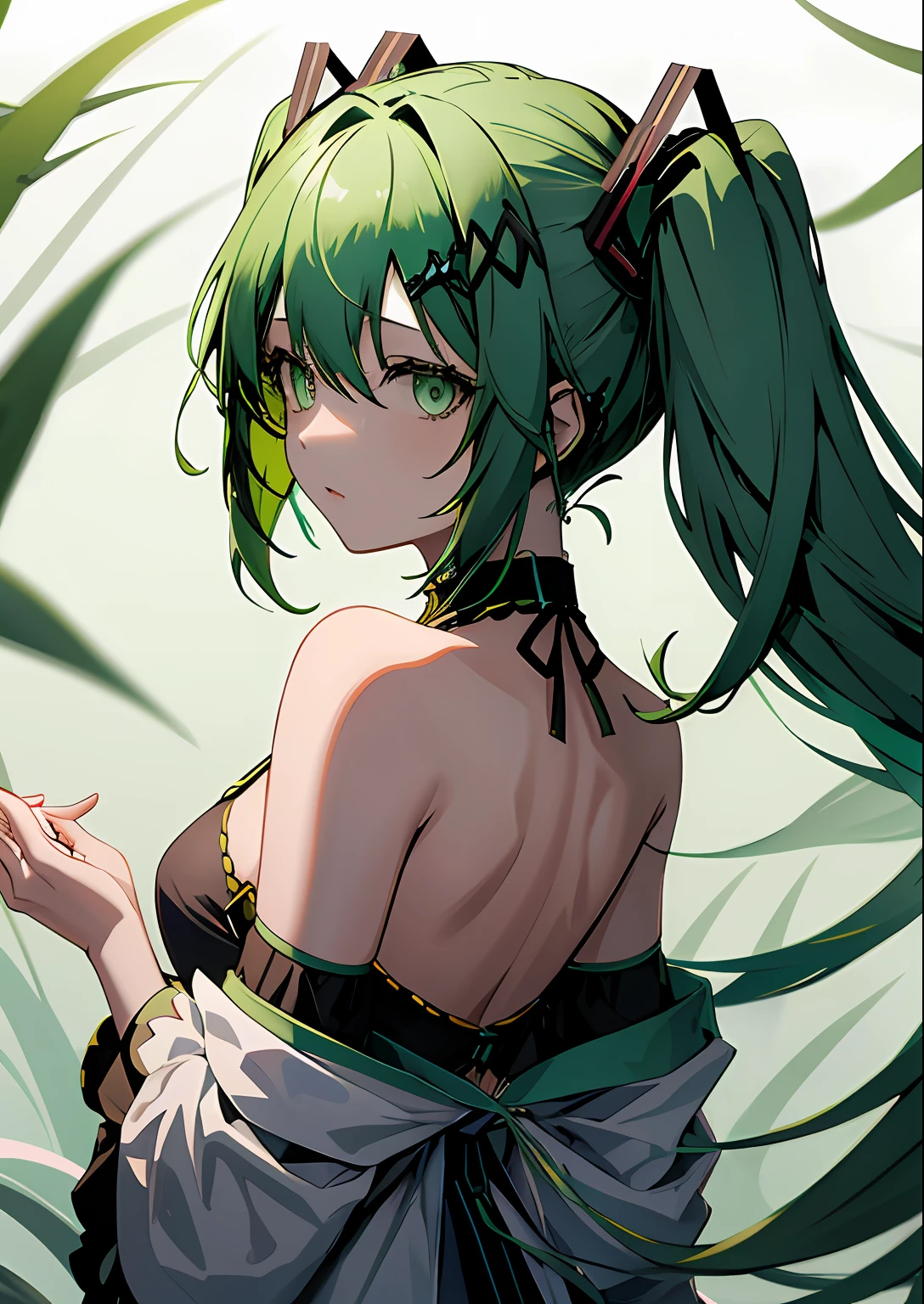 1girl in, light green hair, miku hatsune,Rear view,Dark look