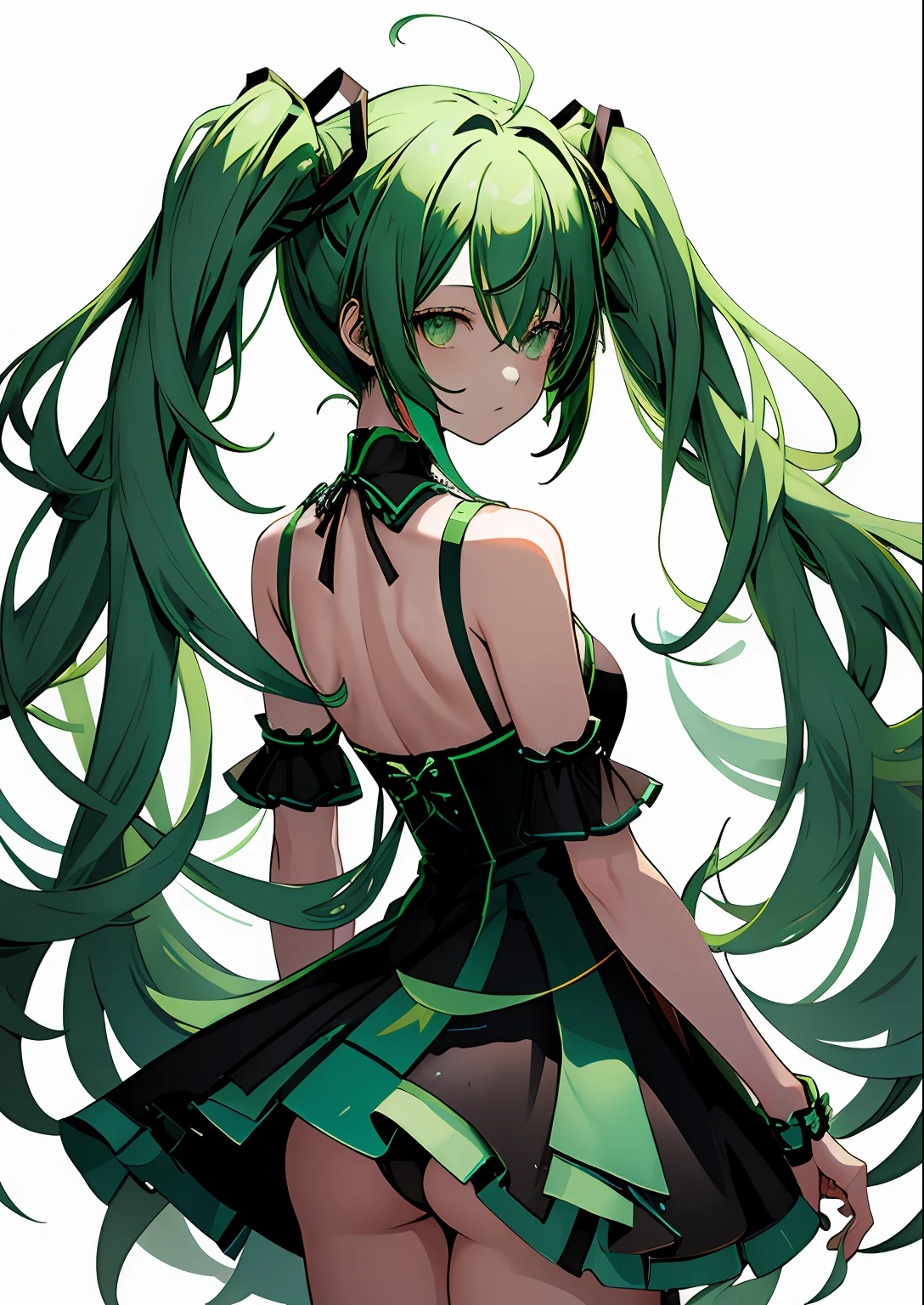 1girl in, light green hair, miku hatsune,Rear view,Dark look