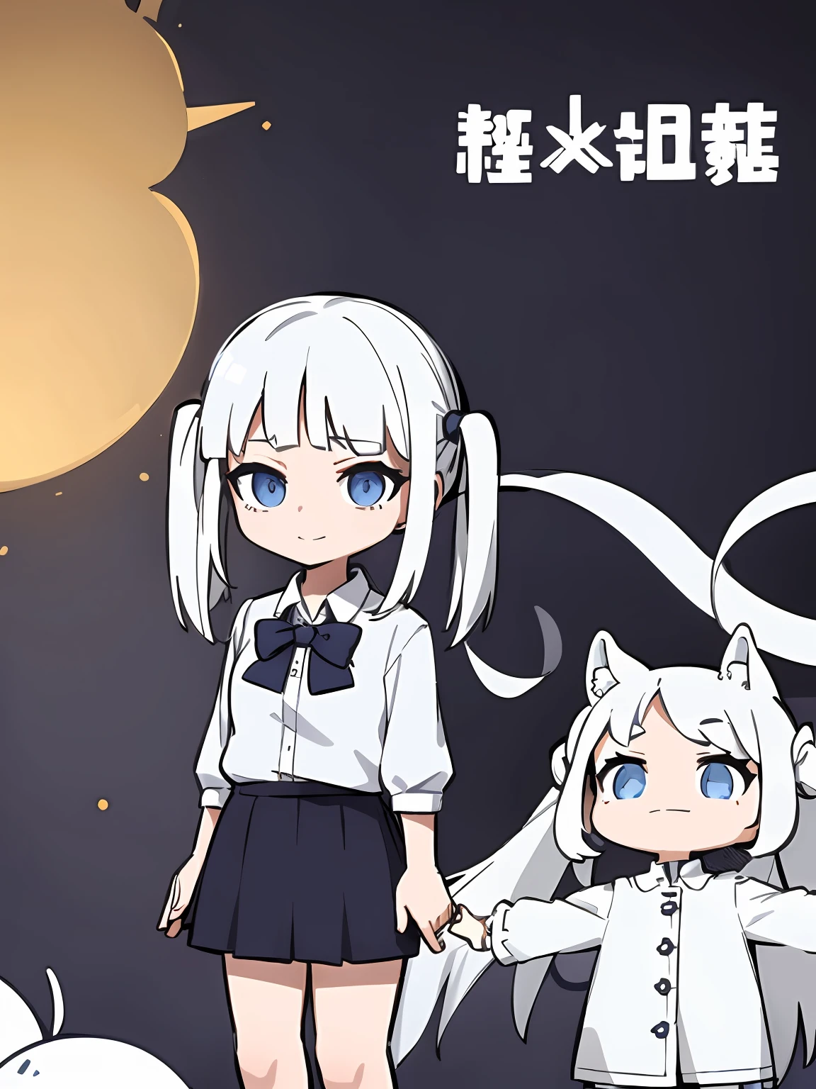 1girl in、((masterpiece、top-quality))、(独奏)、(female focus)、(white hair、length hair、Small twin tails on the sides)、Aimei、Blue eyes、lightsmile、(White shirt)、(buttonGap)、(Black skirt)、is standing、White background、back arms、dynamic ungle