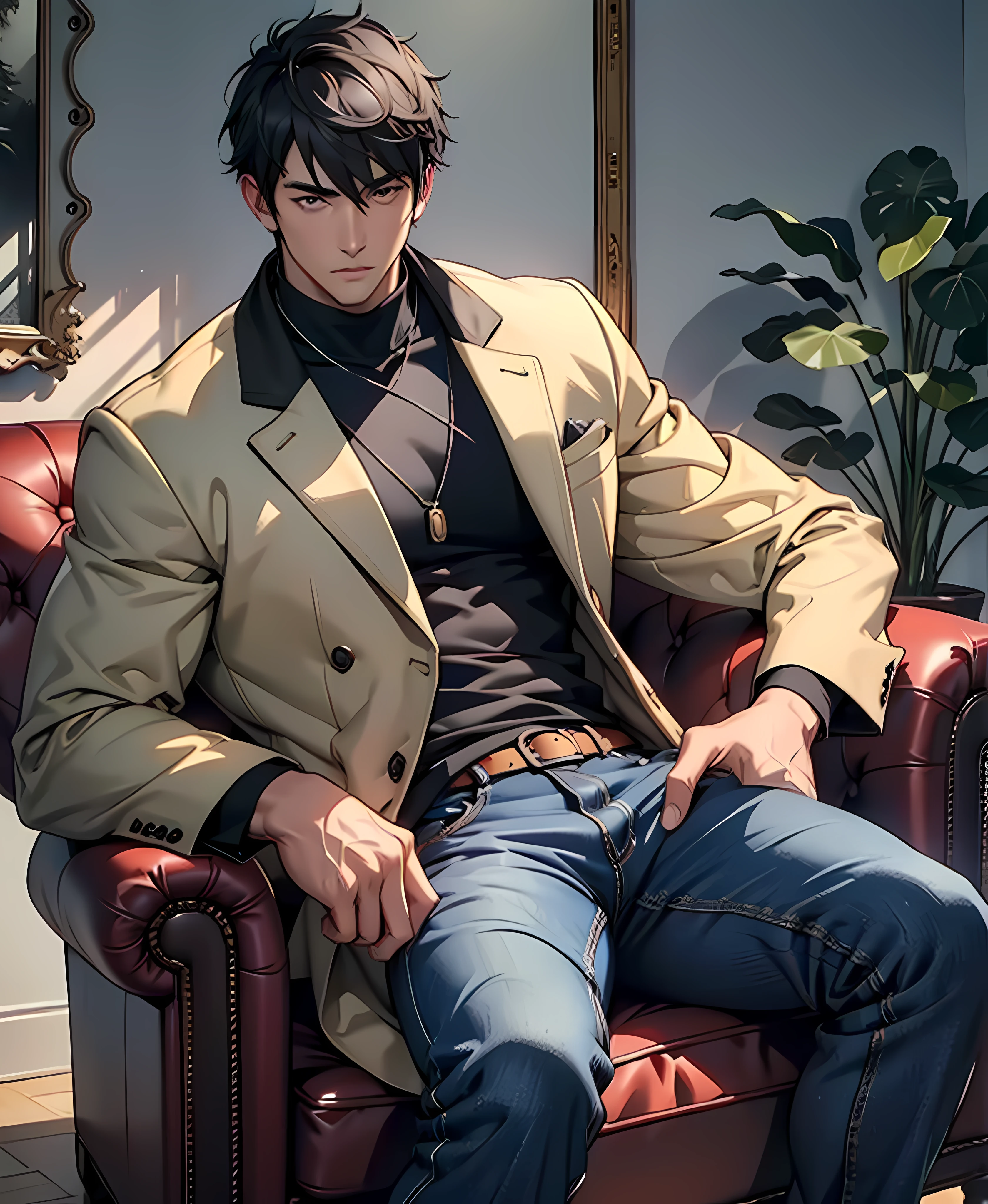 tall muscular,Style image of man sitting on sofa, male people、Adults、a handsome、tall muscular man、broad shoulder、Detailed eyes and detailed face、top-quality, ​masterpiece, hight resolution, Male Focus、coat、sit on sofa、Mystical lighting、Ethereal Atmosphere、dressed casually, jaket、JINS、closed clothes、natural soft light、darker shadows、Living Loo、Move ki、Refreshing、short-haired、turtle neck、adjacent、Across、Cool、Look to the side、jeans、