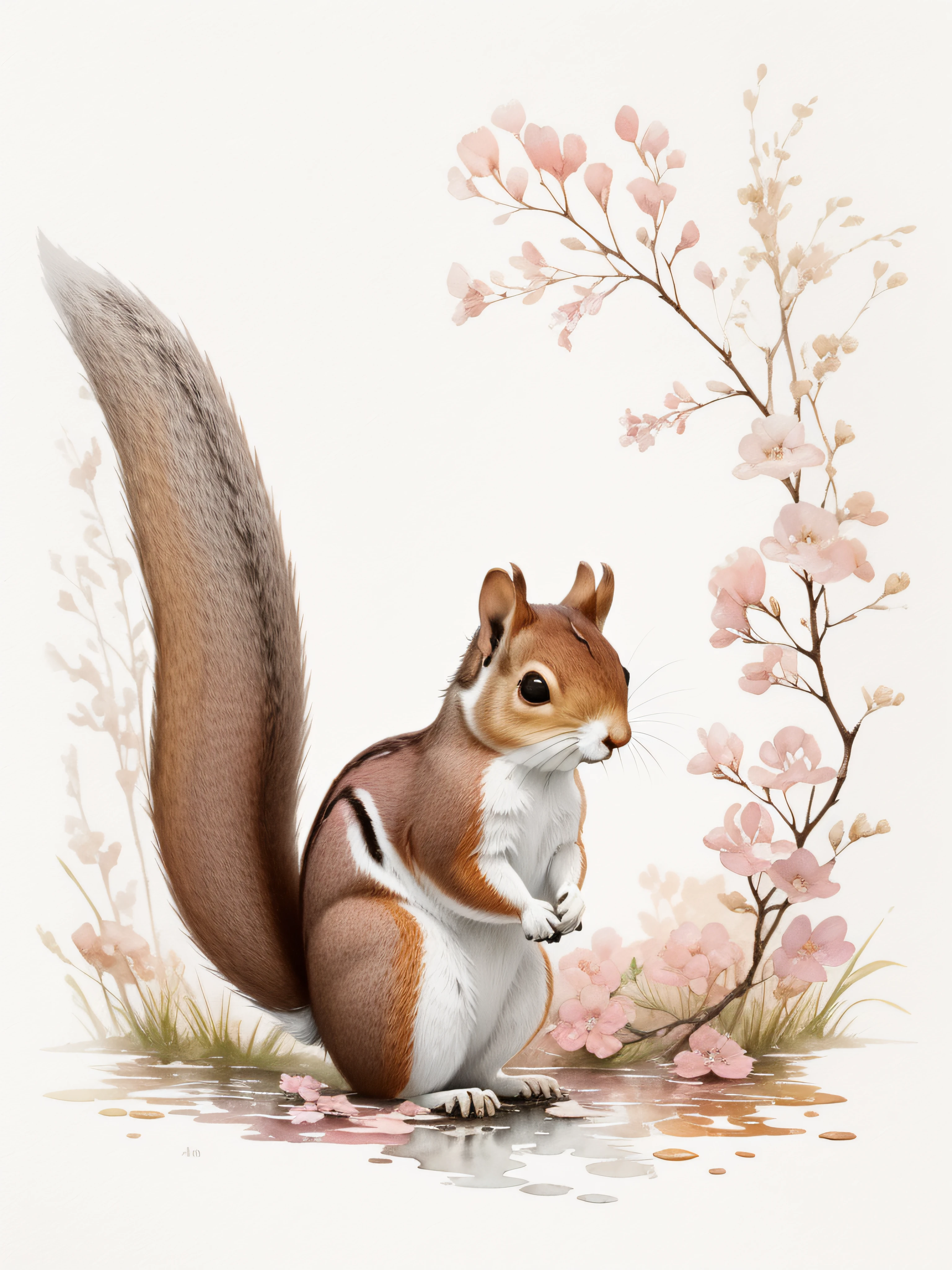 Watercolor squirrel painting isolated on white background, watercolor paiting、Splash technique to reproduce wet conditions、Blurry atmosphere、Unique composition、Abstract representation、Contains elements of surrealism、Pale tones、Pale pink and gold color scheme、high resolution details、Ink splash effect、Pale colors。