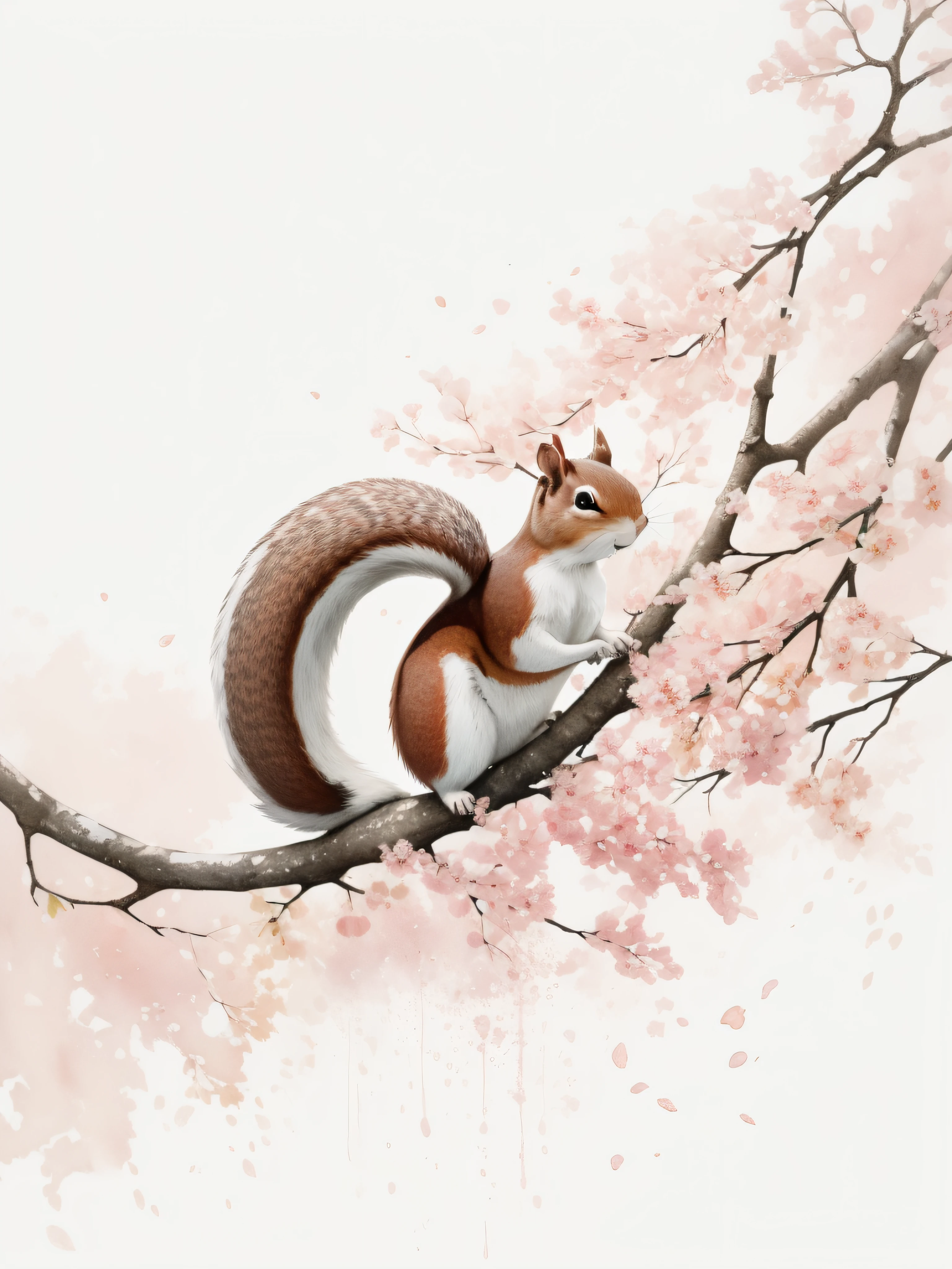 Watercolor squirrel painting isolated on white background, watercolor paiting、Splash technique to reproduce wet conditions、Blurry atmosphere、Unique composition、Abstract representation、Contains elements of surrealism、Pale tones、Pale pink and gold color scheme、high resolution details、Ink splash effect、Pale colors。