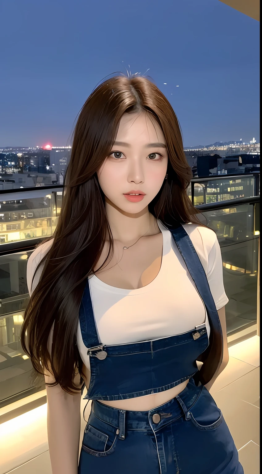 ((Midnight, Best quality, 8k, Masterpiece :1.3)), Whole body, Long legs, Sharp focus :1.2, A pretty woman with perfect figure :1.4, Slender abs :1.1, ((Dark brown hair, Big breasts :1.2)), (White tight tshirt, Jean bib, Standing:1.2), ((Night city view, Rooftop:1.3)), Highly detailed face and skin texture, Detailed eyes, Double eyelid