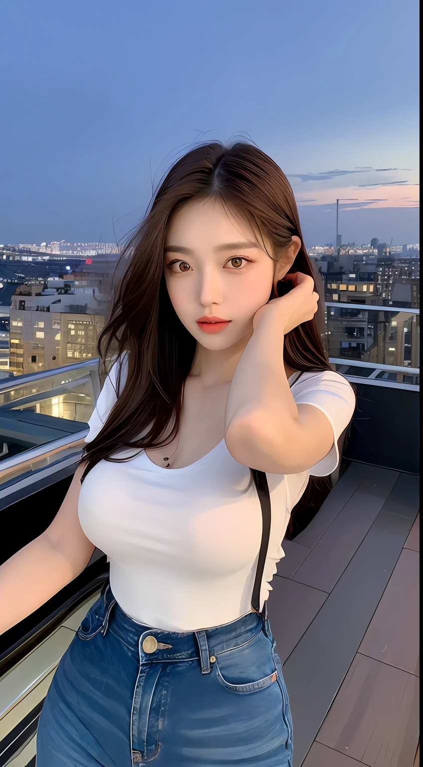 ((Midnight, Best quality, 8k, Masterpiece :1.3)), Whole body, Long legs, Sharp focus :1.2, A pretty woman with perfect figure :1.4, Slender abs :1.1, ((Dark brown hair, Big breasts :1.2)), (White tight tshirt, Jean bib, Standing:1.2), ((Night city view, Rooftop:1.3)), Highly detailed face and skin texture, Detailed eyes, Double eyelid