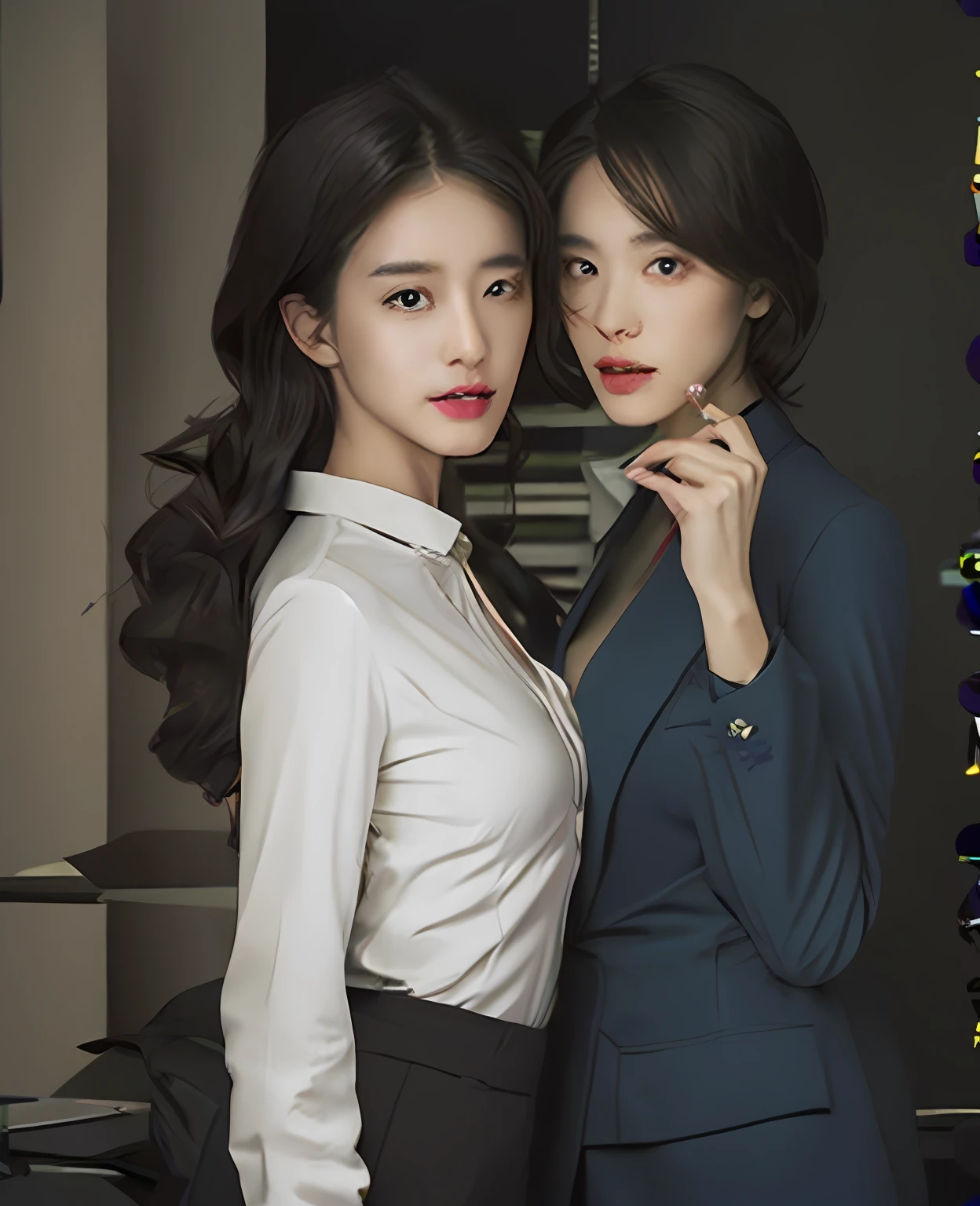 ((best qualtiy,realisticlying,8K HD,tmasterpiece:1.3)),focal:1.5,perfect bodies:1.3,(Short ponytail straight hair,Vertically smooth hair,A detailed:1.3)),((wetclothes:1.1),White high-end brand fashion suit suit:1.3,(detailed outfits:1.3),(delicate stiletto heels crystal band sandals,high high quality:1.2)), Highly Detailed Face and Skin Textur, Fine Eye,二重まぶた,realistic pupil,skin lightening,Beautiful face,Swollen eyes,Healing is a smile,(female focus,Waist focus,close focus,hdr shot,20yr old,Raised breasts,no-bra,the areola is visible,With a petite figure,Slim:1.3,slenderlegs:1.3,beautiful night scene,Luxury office,floor to ceiling window,Long table,Double bed,Cocked buttocks:0.6,Playful and coquettish beautiful pose(full bodyesbian:1.8))