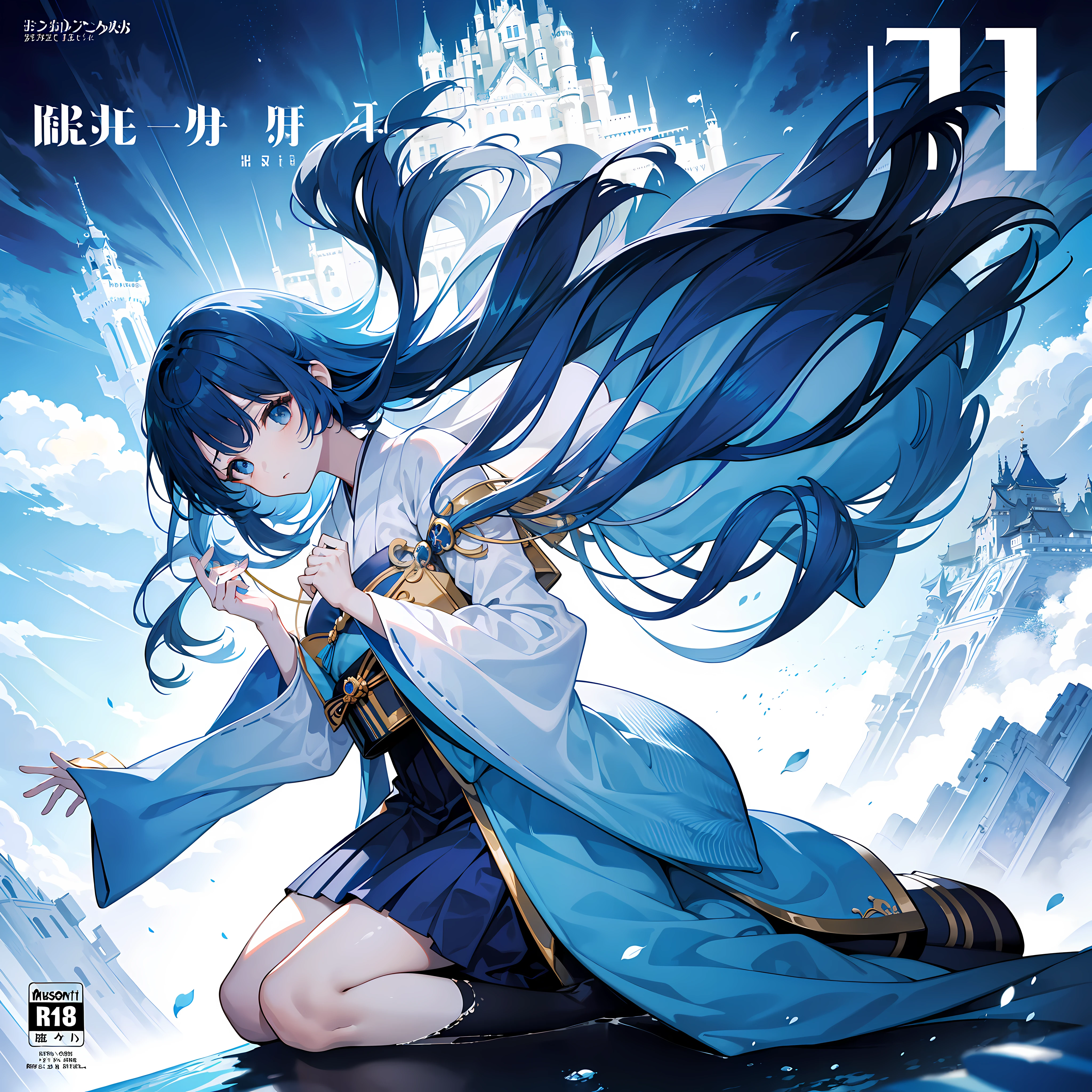 masterpiece, best quality, full body, (1girl), (dress princess), (Boy Messy Japanese Round Haircut for Thick Hair), (blue hair), (solo), (magazine:1.3), (cover-style:1.3), fashionable,Under water, (in side castle), fantasy