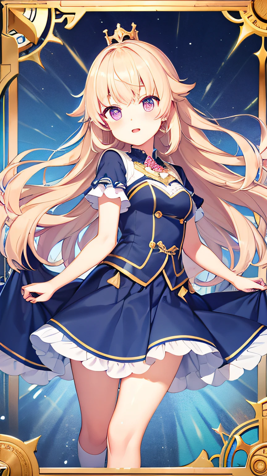 Best picture quality、tmasterpiece、full bodyesbian、legs long、Gorgeous princess skirt、blue backdrop、Pink eyes、short  skirt、largeeyes、delicated、Long flowing hair、kawaii、Cute sister